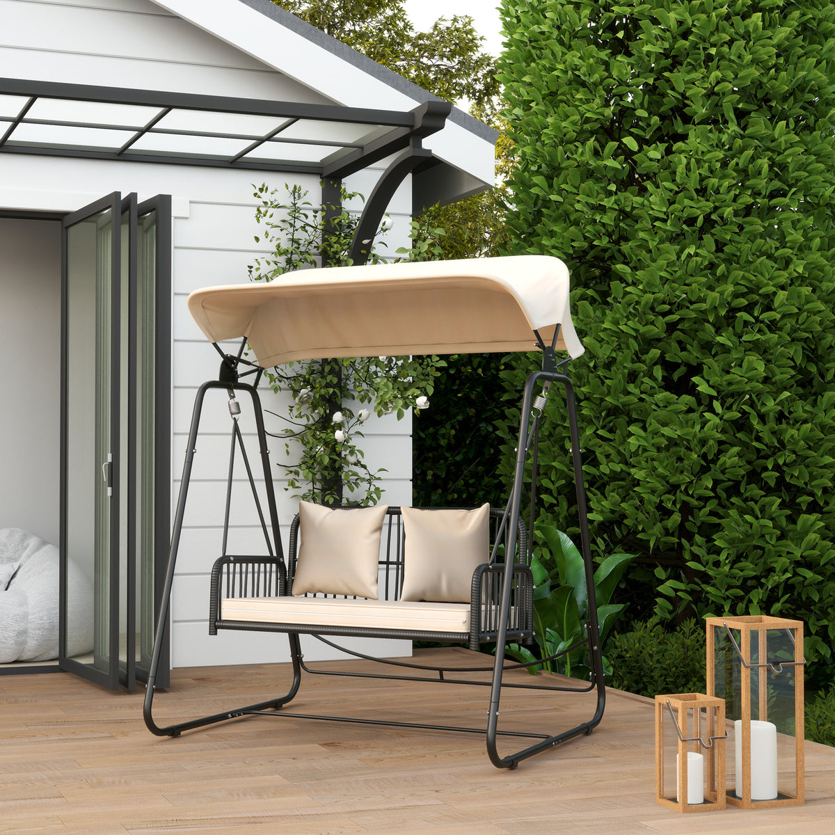 Hollywood Swing Rattan 2-Seater Garden Swing with Adjustable Sun Canopy Cushion Hanging Bench Holds up to 240 kg Hanging Swing Bench for Garden Balcony 149 x 121 x 180 cm Khaki
