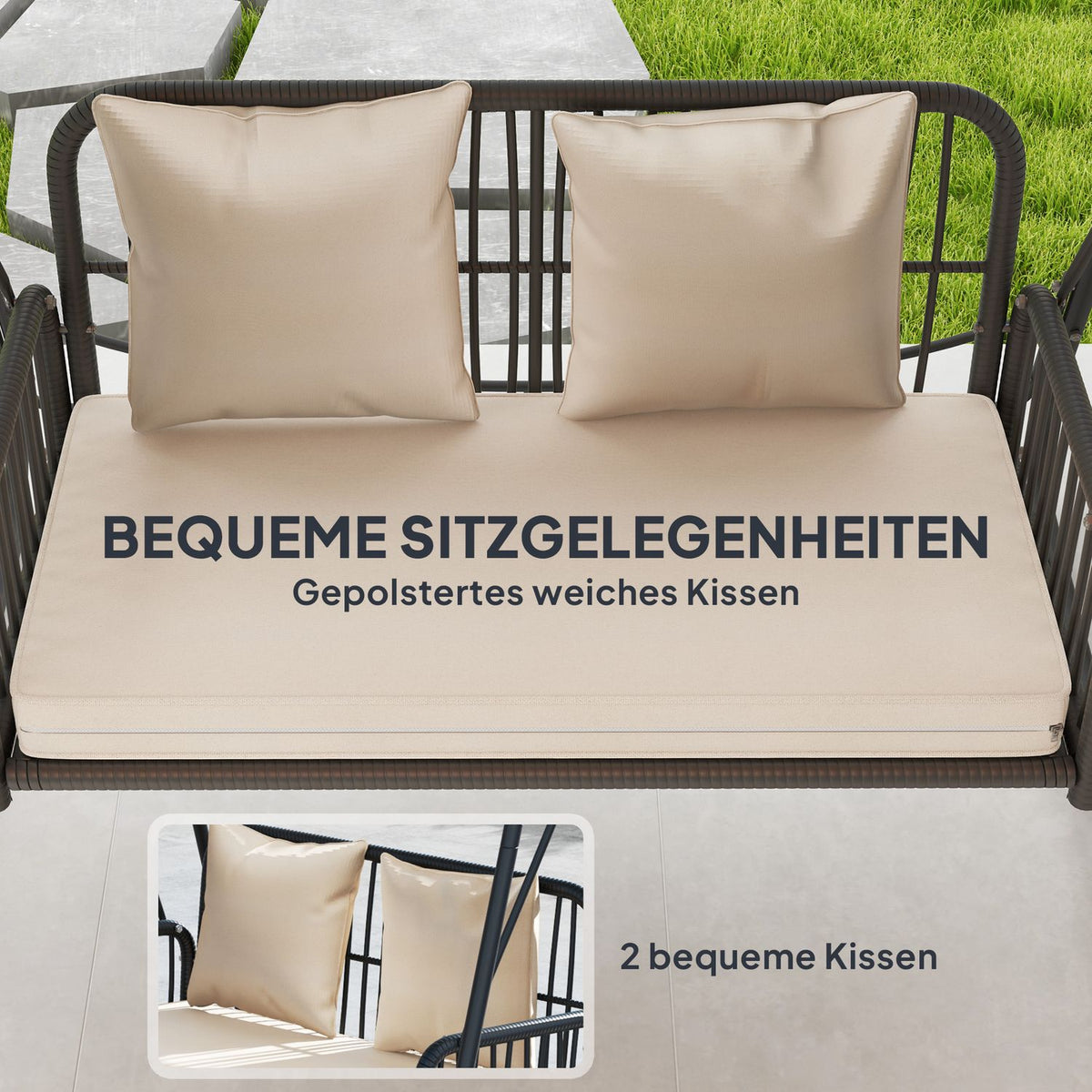 Hollywood Swing Rattan 2-Seater Garden Swing with Adjustable Sun Canopy Cushion Hanging Bench Holds up to 240 kg Hanging Swing Bench for Garden Balcony 149 x 121 x 180 cm Khaki