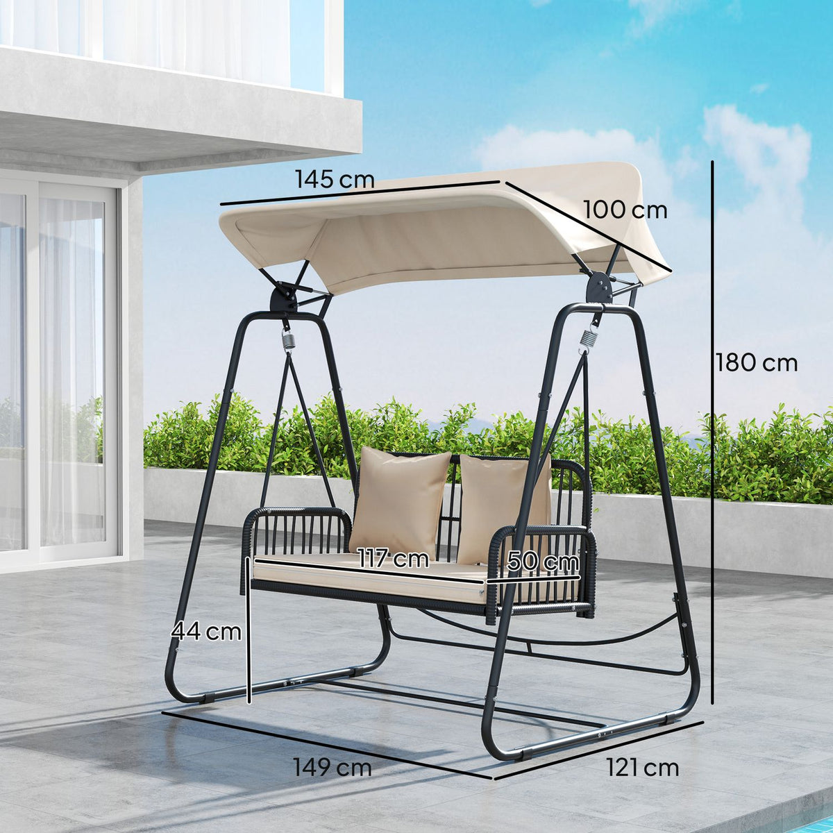 Hollywood Swing Rattan 2-Seater Garden Swing with Adjustable Sun Canopy Cushion Hanging Bench Holds up to 240 kg Hanging Swing Bench for Garden Balcony 149 x 121 x 180 cm Khaki