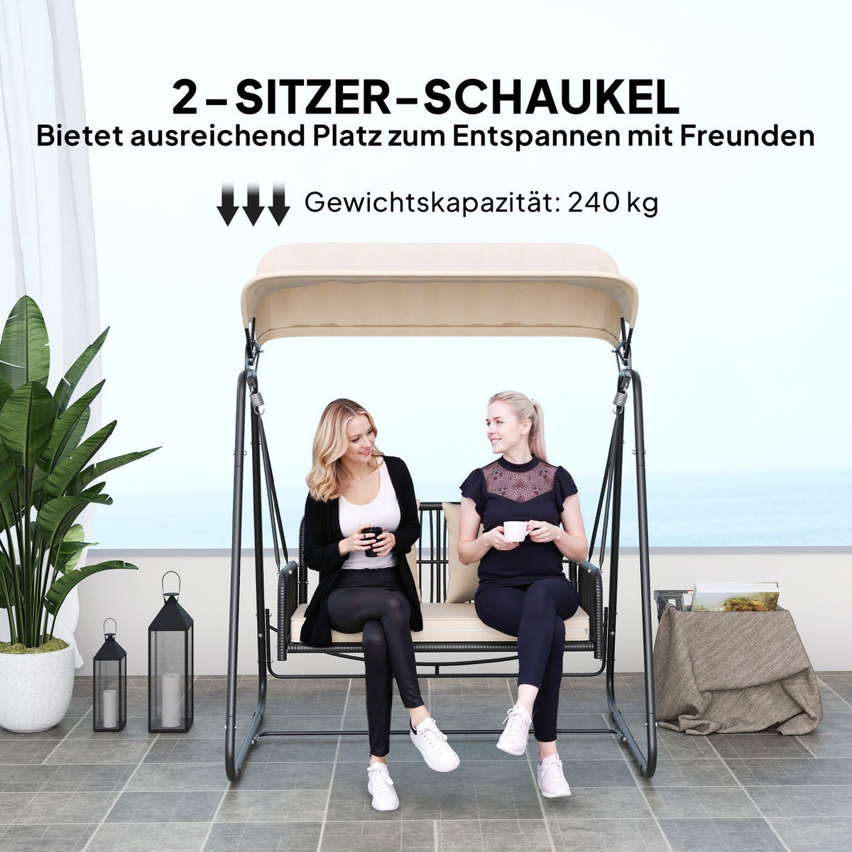 Hollywood Swing Rattan 2-Seater Garden Swing with Adjustable Sun Canopy Cushion Hanging Bench Holds up to 240 kg Hanging Swing Bench for Garden Balcony 149 x 121 x 180 cm Khaki