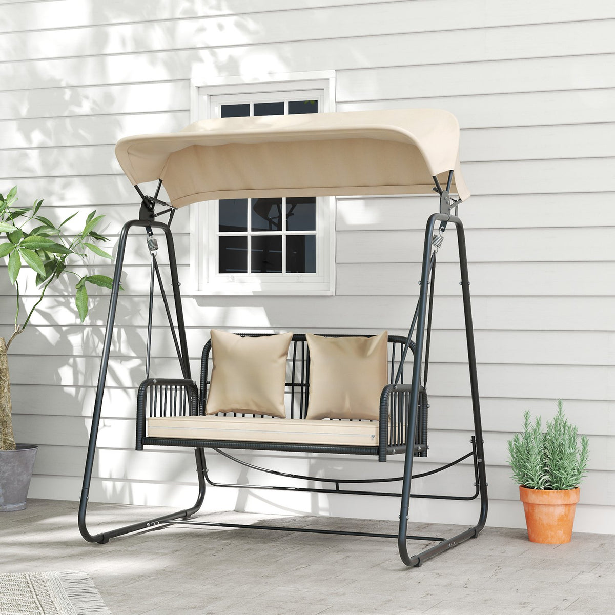 Hollywood Swing Rattan 2-Seater Garden Swing with Adjustable Sun Canopy Cushion Hanging Bench Holds up to 240 kg Hanging Swing Bench for Garden Balcony 149 x 121 x 180 cm Khaki