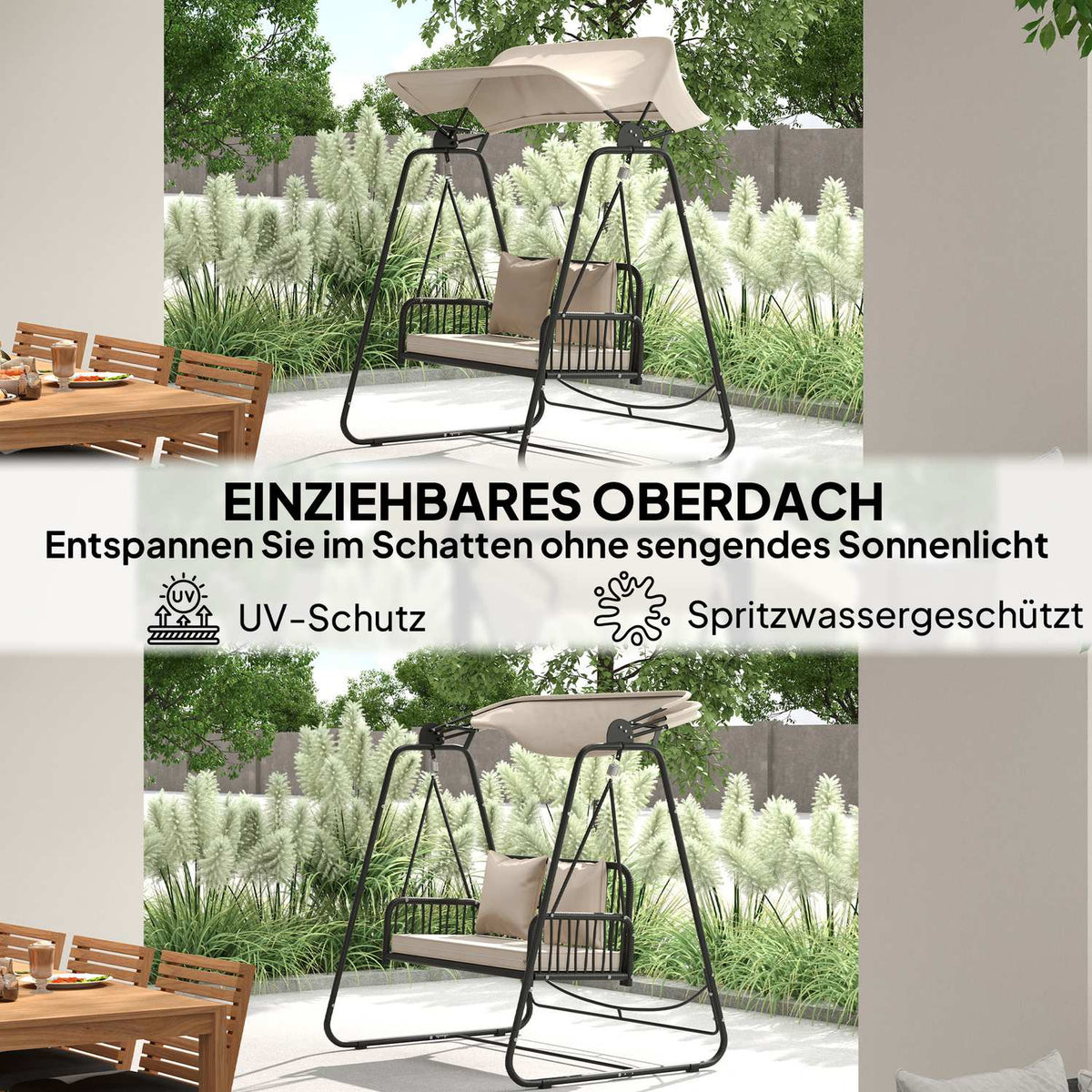 Hollywood Swing Rattan 2-Seater Garden Swing with Adjustable Sun Canopy Cushion Hanging Bench Holds up to 240 kg Hanging Swing Bench for Garden Balcony 149 x 121 x 180 cm Khaki