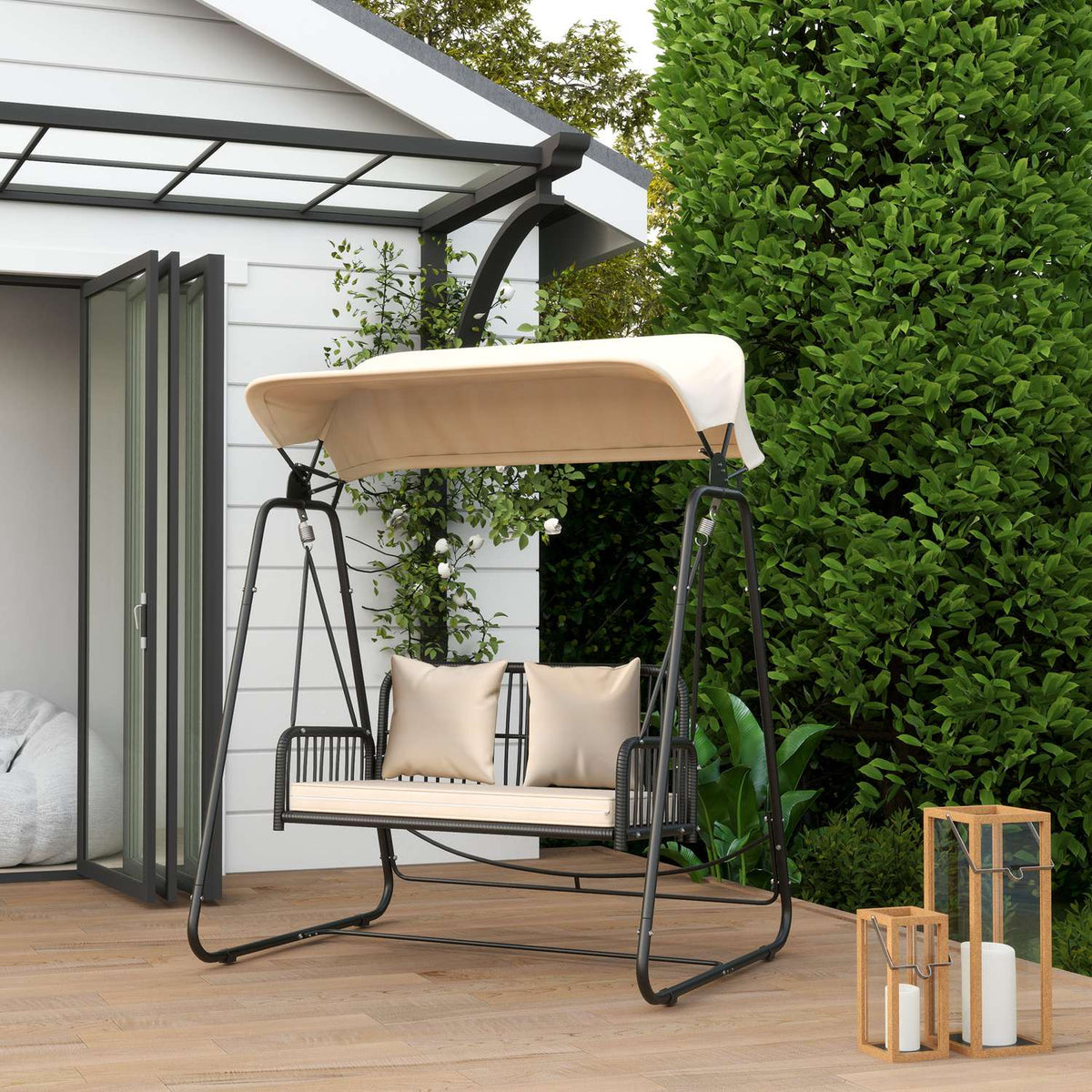 Hollywood Swing Rattan 2-Seater Garden Swing with Adjustable Sun Canopy Cushion Hanging Bench Holds up to 240 kg Hanging Swing Bench for Garden Balcony 149 x 121 x 180 cm Khaki