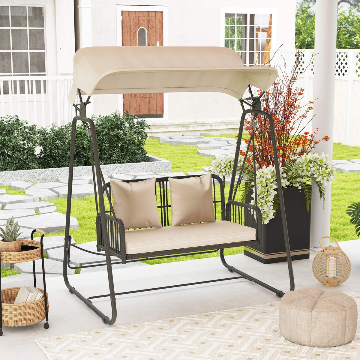 Hollywood Swing Rattan 2-Seater Garden Swing with Adjustable Sun Canopy Cushion Hanging Bench Holds up to 240 kg Hanging Swing Bench for Garden Balcony 149 x 121 x 180 cm Khaki