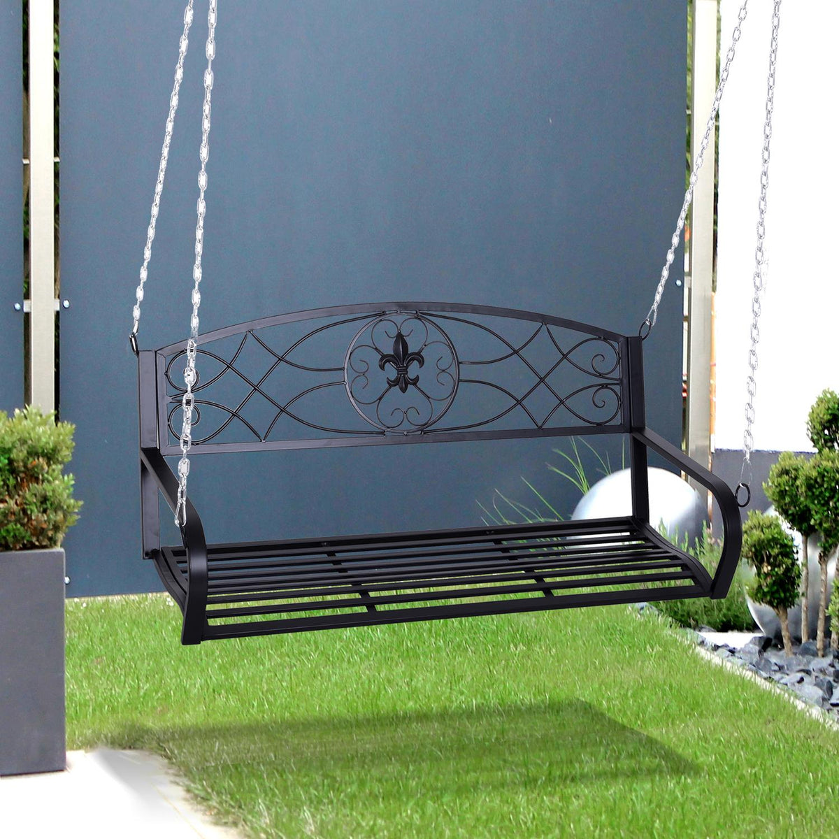 Hollywood Swing Weatherproof Garden Swing Hanging Bench 2-Seater Swing Bench With Chains Metal Black 132 X 63 X 58 Cm