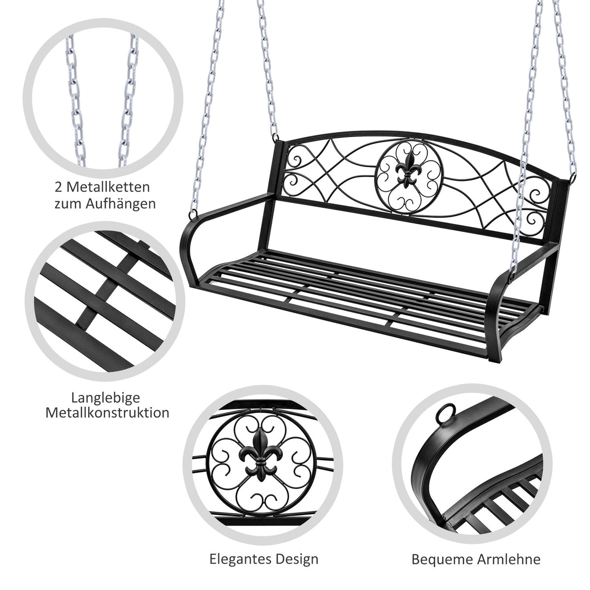 Hollywood Swing Weatherproof Garden Swing Hanging Bench 2-Seater Swing Bench With Chains Metal Black 132 X 63 X 58 Cm