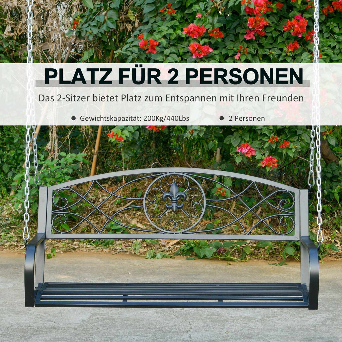 Hollywood Swing Weatherproof Garden Swing Hanging Bench 2-Seater Swing Bench With Chains Metal Black 132 X 63 X 58 Cm