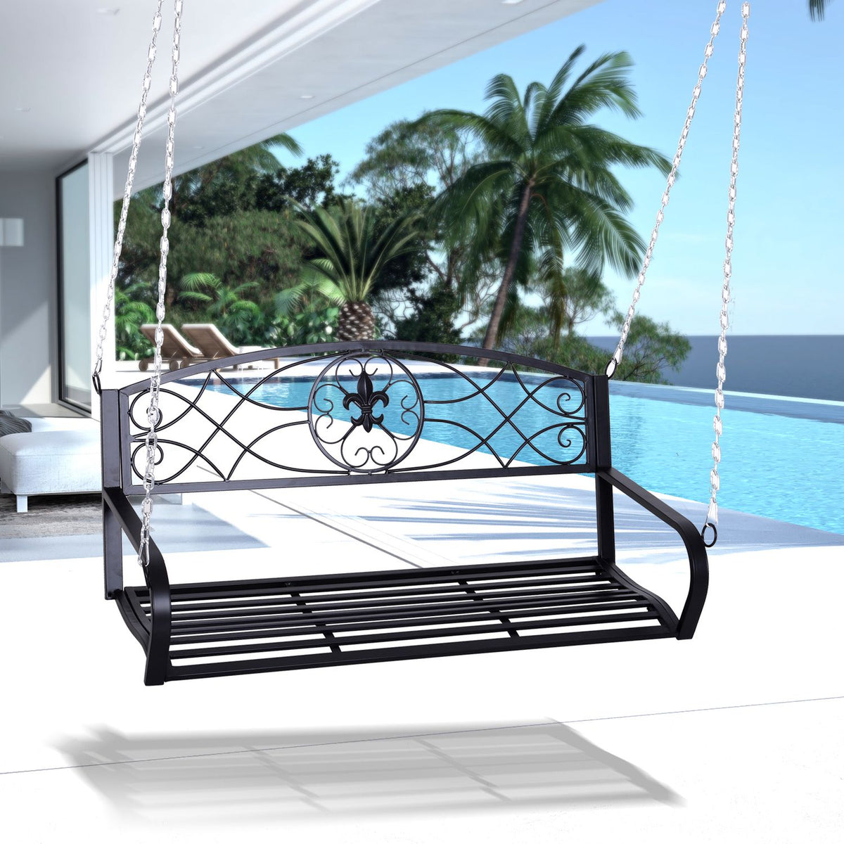 Hollywood Swing Weatherproof Garden Swing Hanging Bench 2-Seater Swing Bench With Chains Metal Black 132 X 63 X 58 Cm