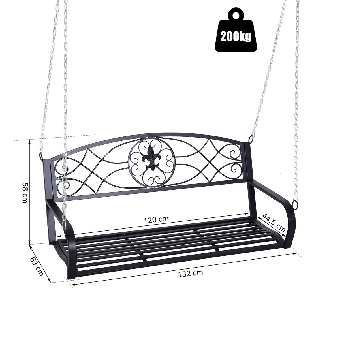Hollywood Swing Weatherproof Garden Swing Hanging Bench 2-Seater Swing Bench With Chains Metal Black 132 X 63 X 58 Cm