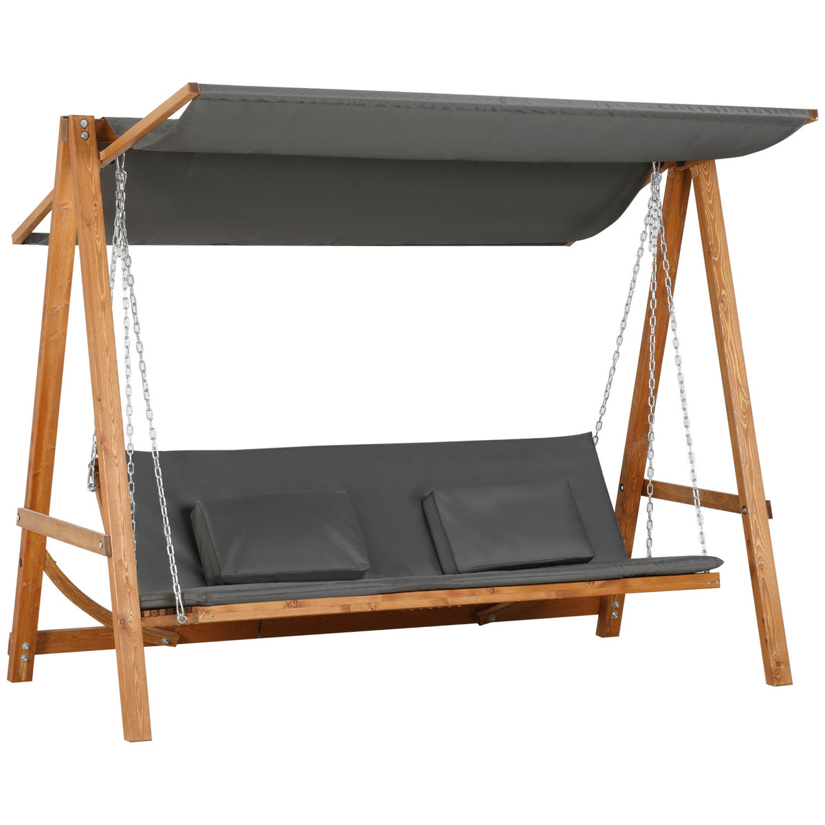 Hollywood Swing With Bed Function, 3-Seater, Garden Swing With Roof, Pine Wood, Gray + Teak, 225.5X113X180Cm