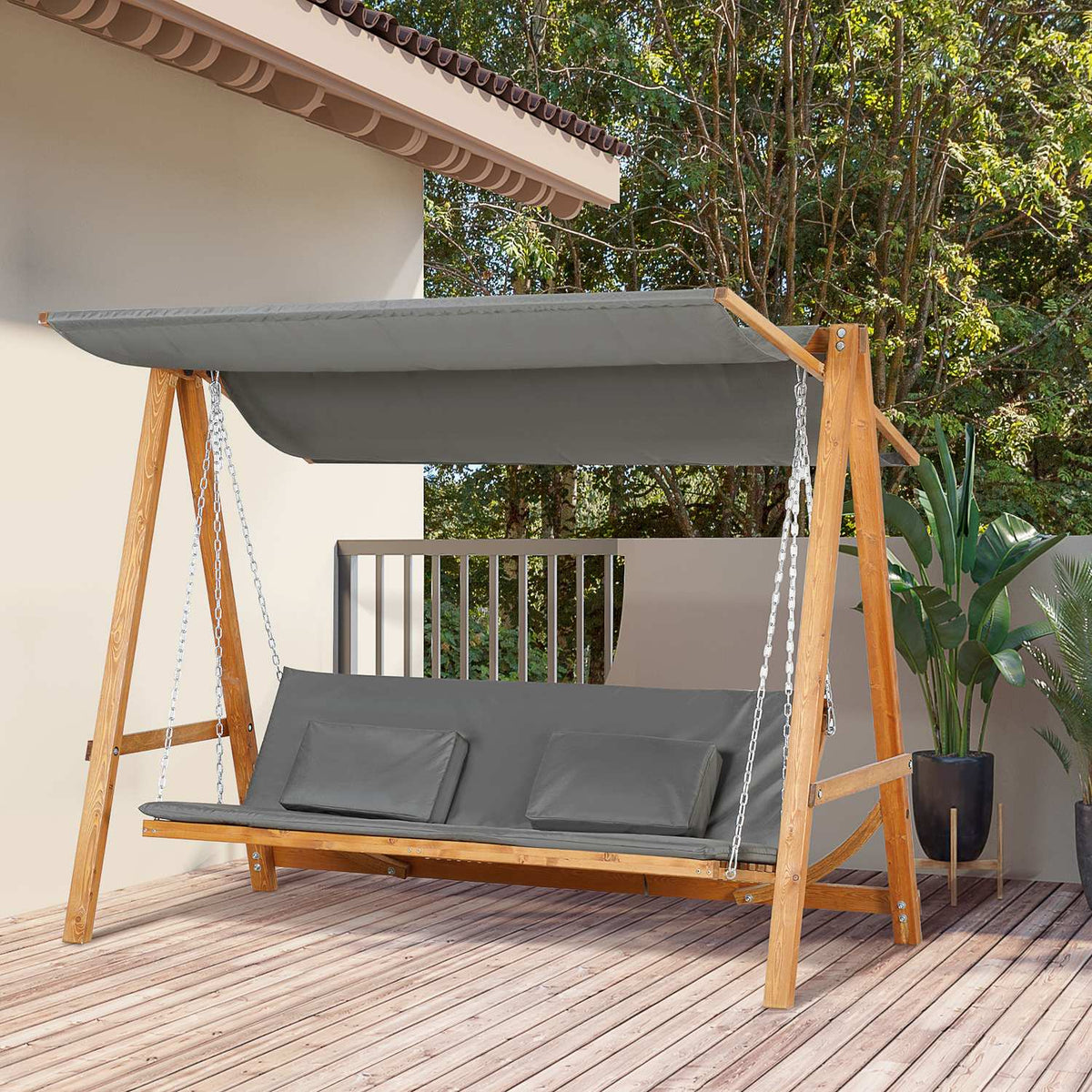 Hollywood Swing With Bed Function, 3-Seater, Garden Swing With Roof, Pine Wood, Gray + Teak, 225.5X113X180Cm