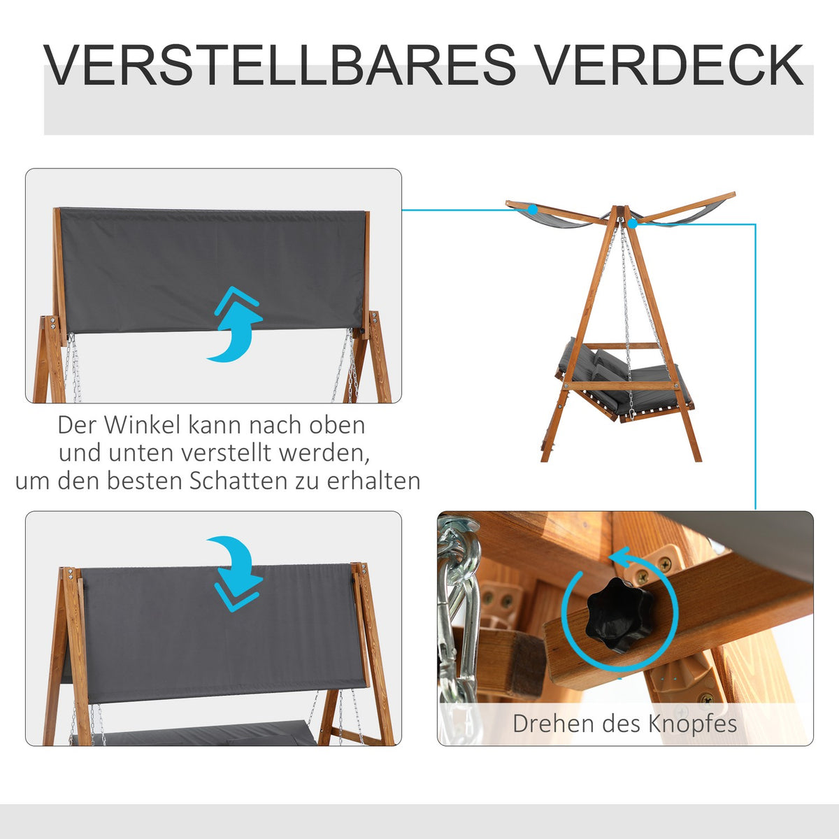 Hollywood Swing With Bed Function, 3-Seater, Garden Swing With Roof, Pine Wood, Gray + Teak, 225.5X113X180Cm