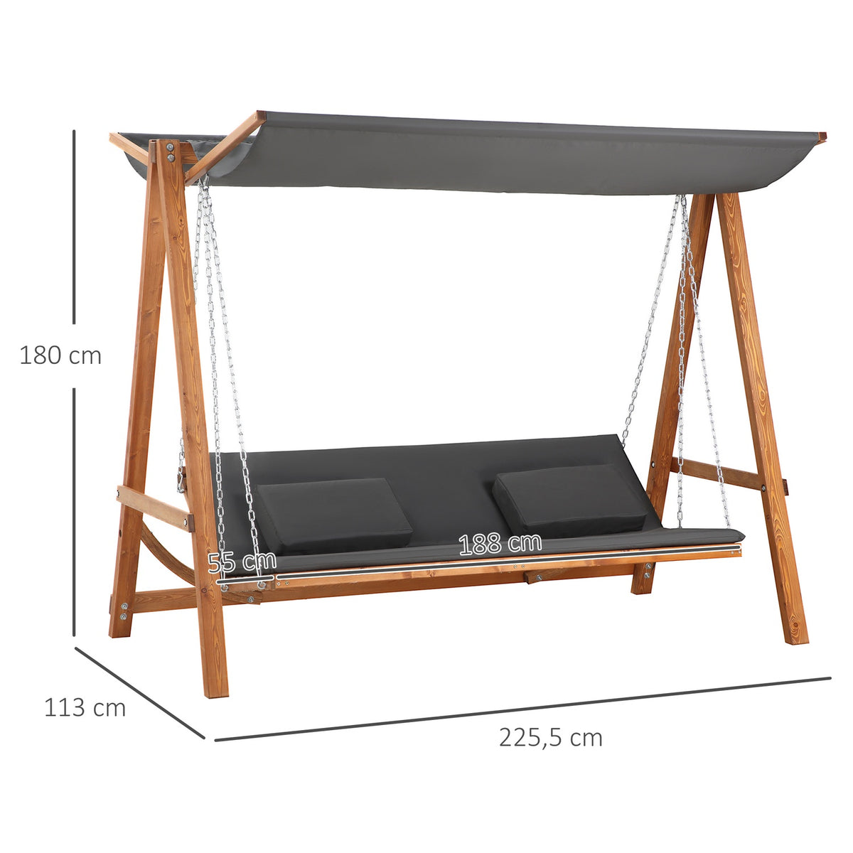 Hollywood Swing With Bed Function, 3-Seater, Garden Swing With Roof, Pine Wood, Gray + Teak, 225.5X113X180Cm