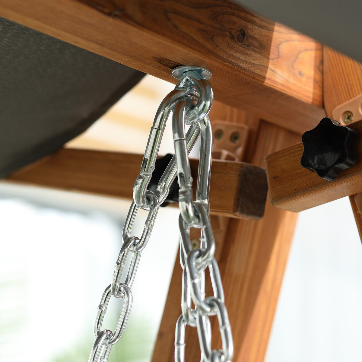 Hollywood Swing With Bed Function, 3-Seater, Garden Swing With Roof, Pine Wood, Gray + Teak, 225.5X113X180Cm
