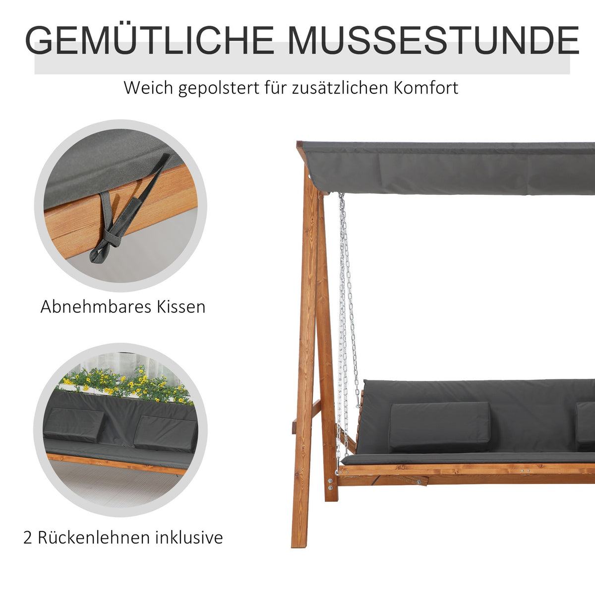 Hollywood Swing With Bed Function, 3-Seater, Garden Swing With Roof, Pine Wood, Gray + Teak, 225.5X113X180Cm