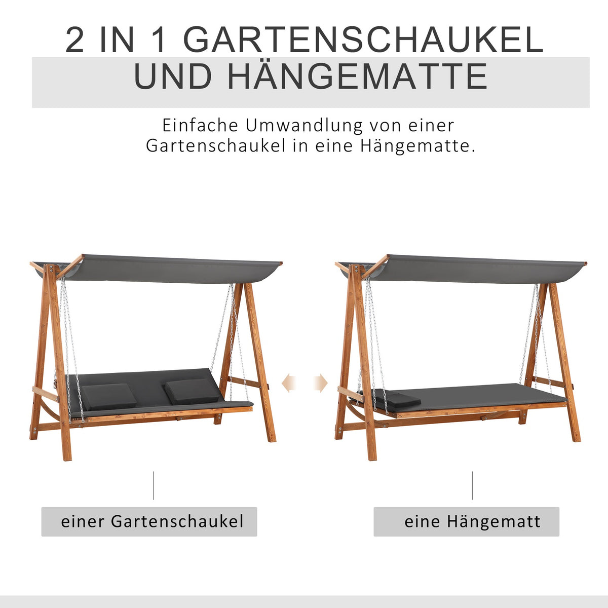 Hollywood Swing With Bed Function, 3-Seater, Garden Swing With Roof, Pine Wood, Gray + Teak, 225.5X113X180Cm