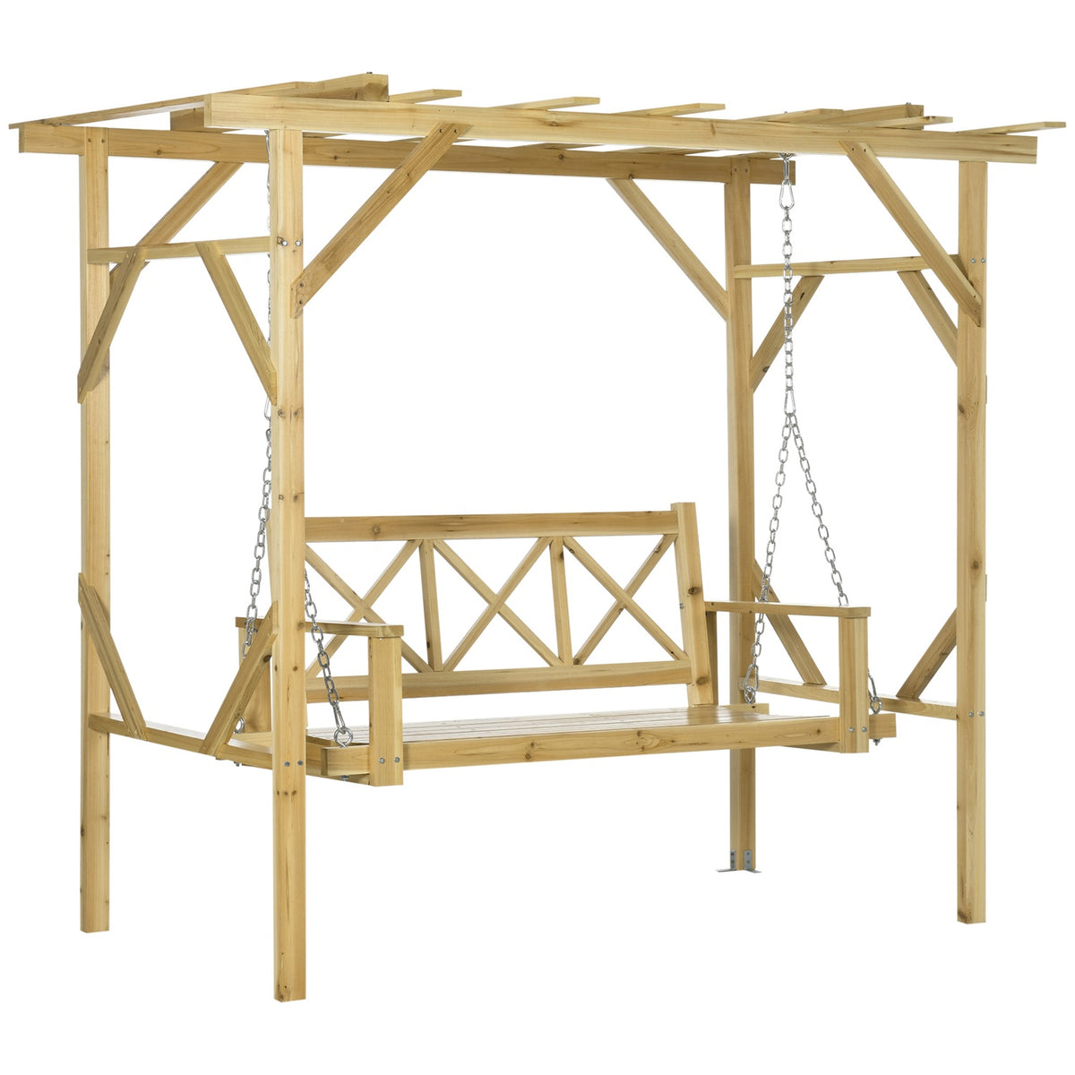 Hollywood Swing With Pergola, 2-Seater Garden Swing, Weatherproof Swing Bench For Garden, Solid Wood, Natural, 221 X 140 X 196 Cm