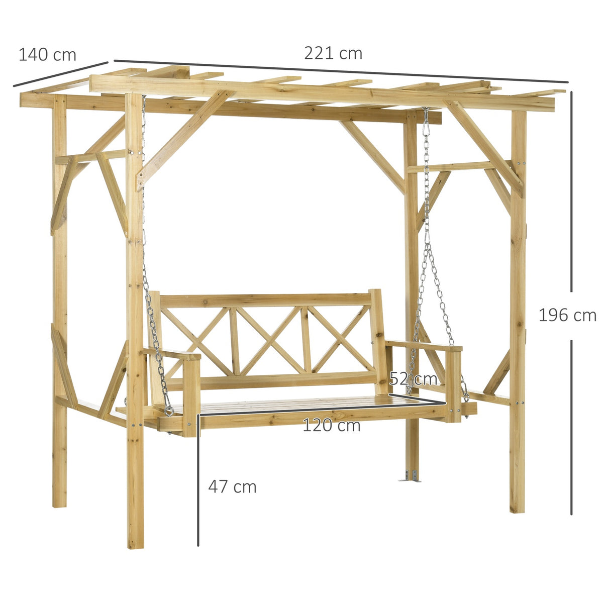 Hollywood Swing With Pergola, 2-Seater Garden Swing, Weatherproof Swing Bench For Garden, Solid Wood, Natural, 221 X 140 X 196 Cm