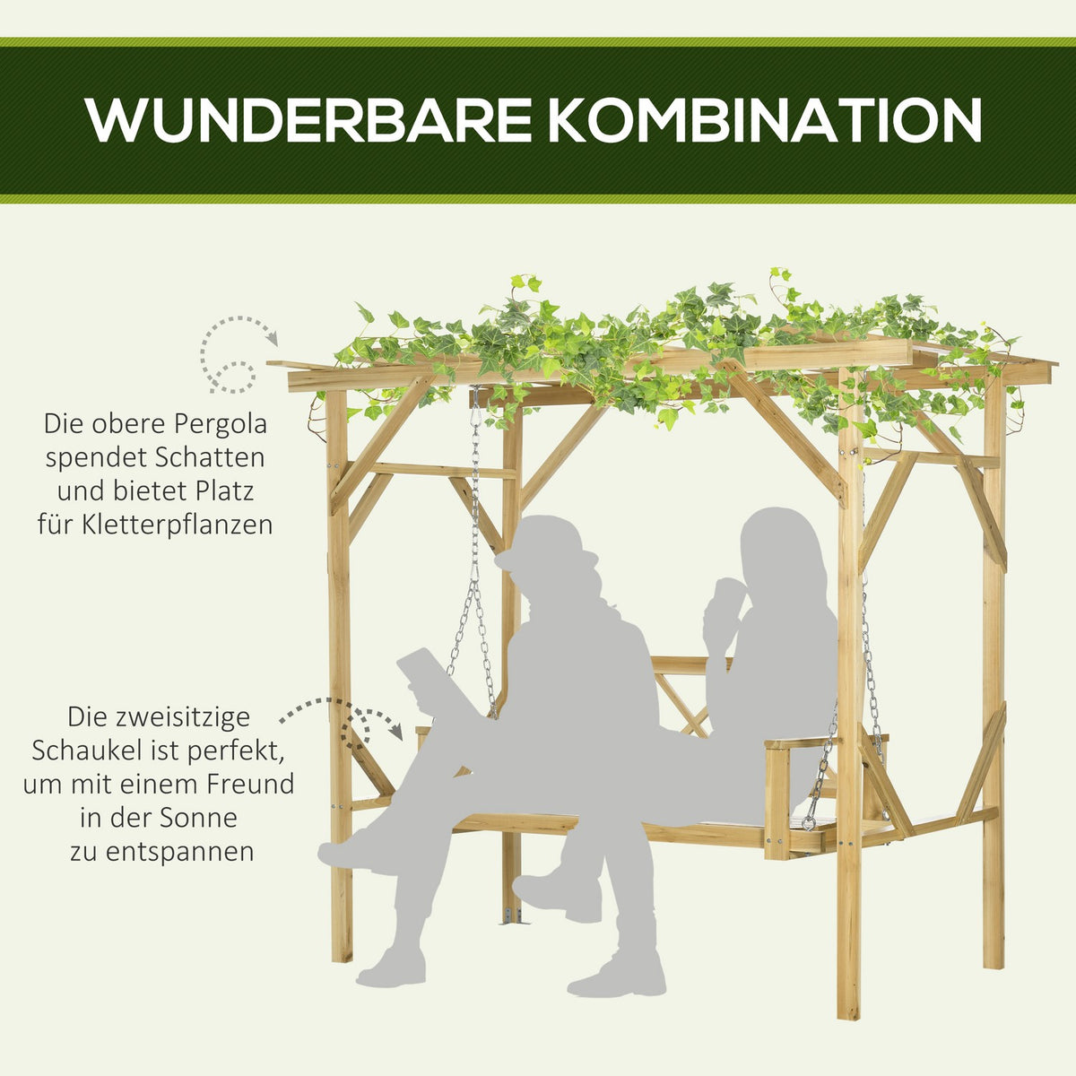 Hollywood Swing With Pergola, 2-Seater Garden Swing, Weatherproof Swing Bench For Garden, Solid Wood, Natural, 221 X 140 X 196 Cm
