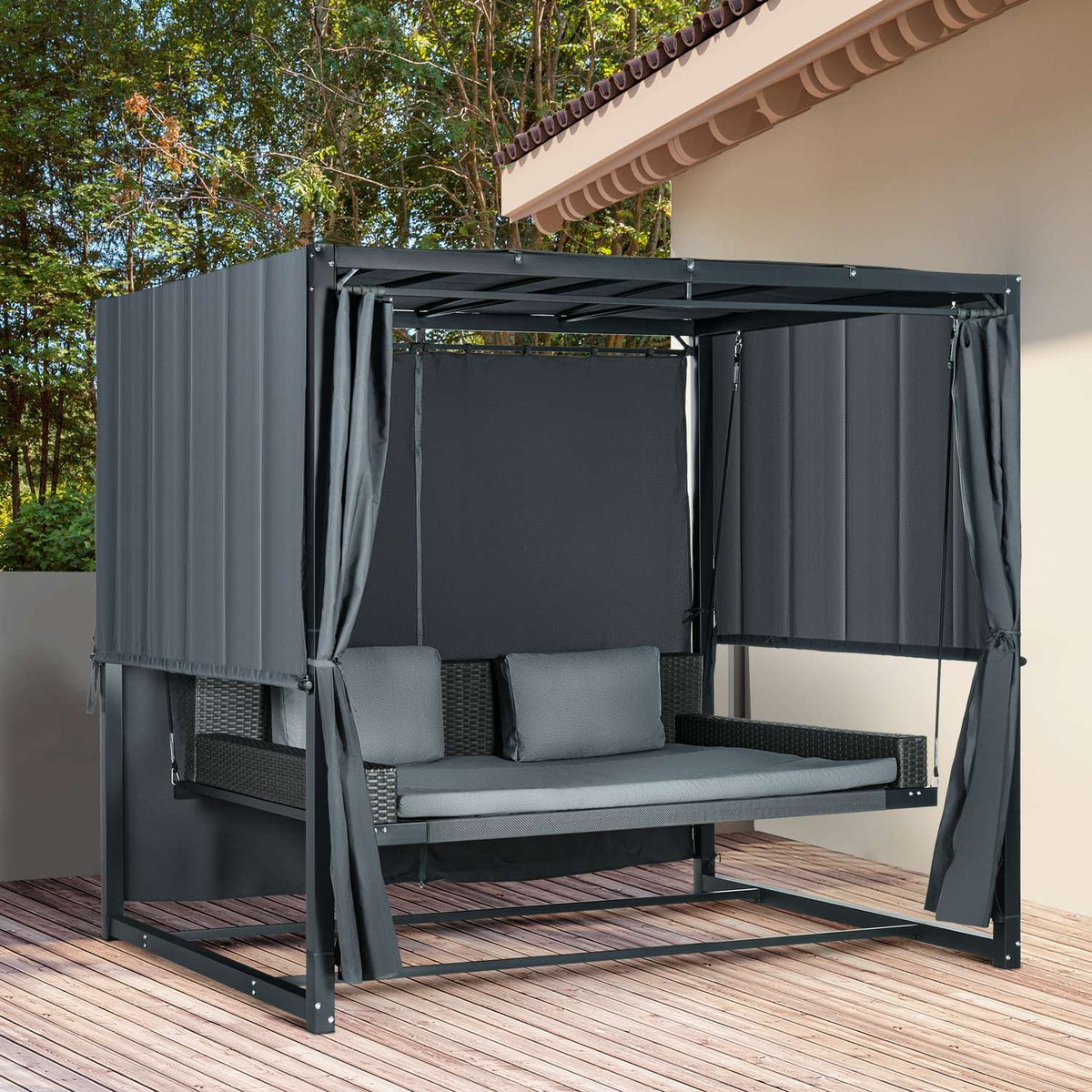 Hollywood Swing With Pergola, Garden Swing With Cushion, Weatherproof Swing Bed, For Garden, 235 X 180 X 210 Cm, Dark Gray