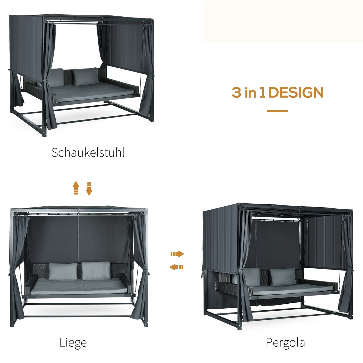 Hollywood Swing With Pergola, Garden Swing With Cushion, Weatherproof Swing Bed, For Garden, 235 X 180 X 210 Cm, Dark Gray