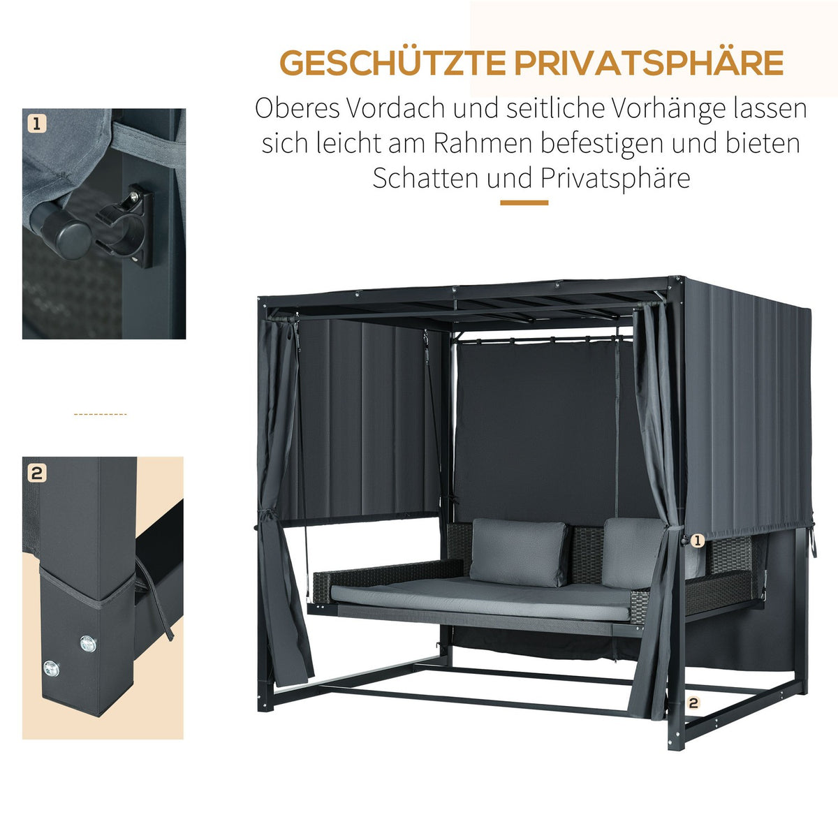 Hollywood Swing With Pergola, Garden Swing With Cushion, Weatherproof Swing Bed, For Garden, 235 X 180 X 210 Cm, Dark Gray