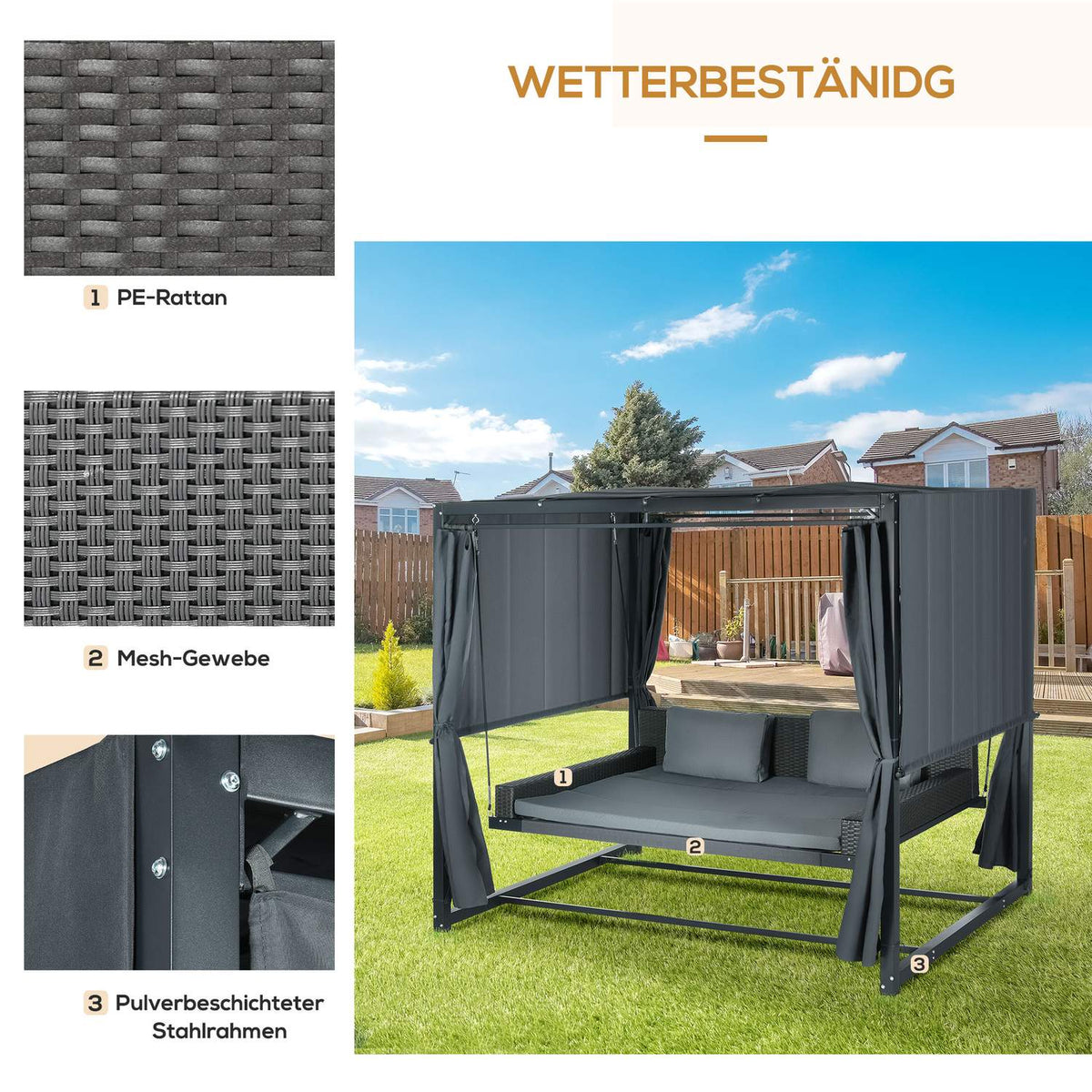 Hollywood Swing With Pergola, Garden Swing With Cushion, Weatherproof Swing Bed, For Garden, 235 X 180 X 210 Cm, Dark Gray