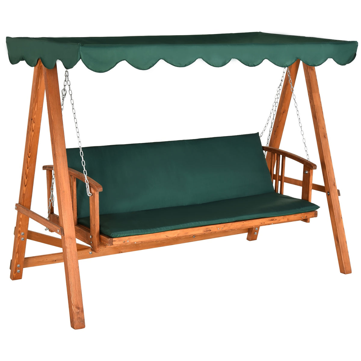 Hollywood Swing With Sun Canopy Real Wood Garden Swing Swing Bench Swing With Reclining Function Made Of Fir Wood For 3 People Green
