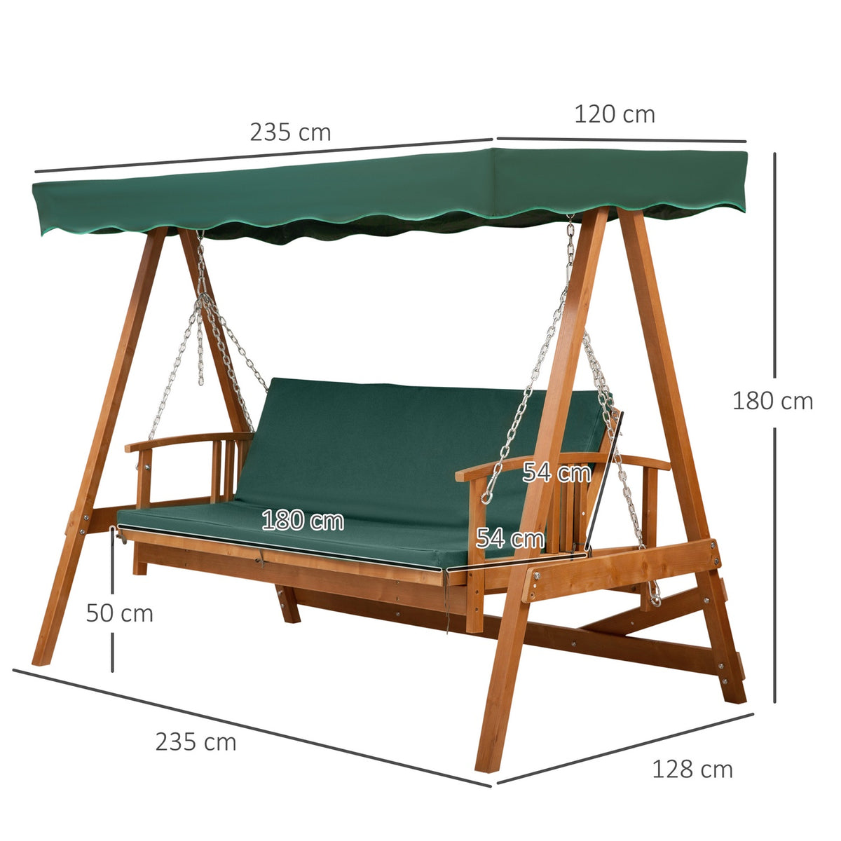 Hollywood Swing With Sun Canopy Real Wood Garden Swing Swing Bench Swing With Reclining Function Made Of Fir Wood For 3 People Green