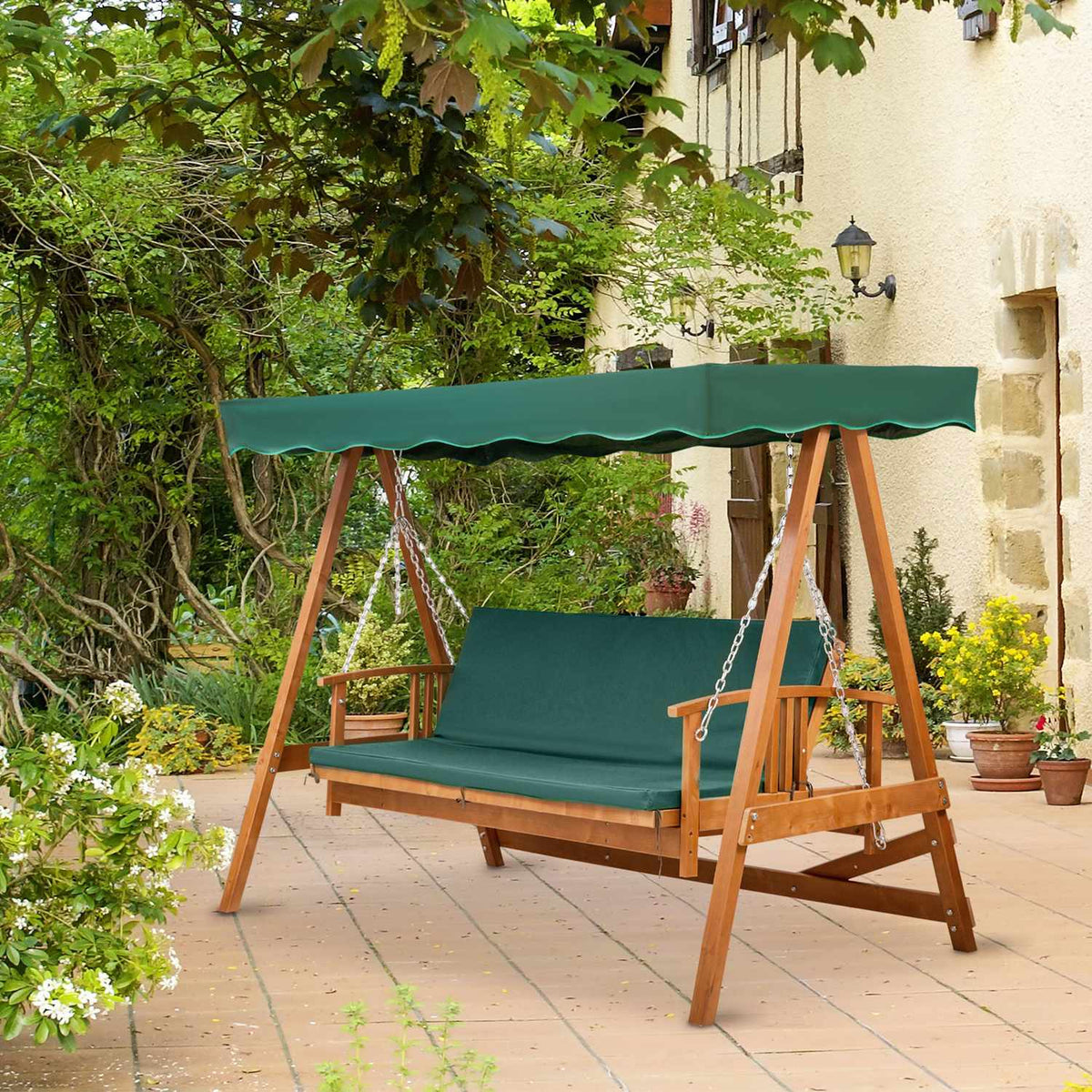 Hollywood Swing With Sun Canopy Real Wood Garden Swing Swing Bench Swing With Reclining Function Made Of Fir Wood For 3 People Green