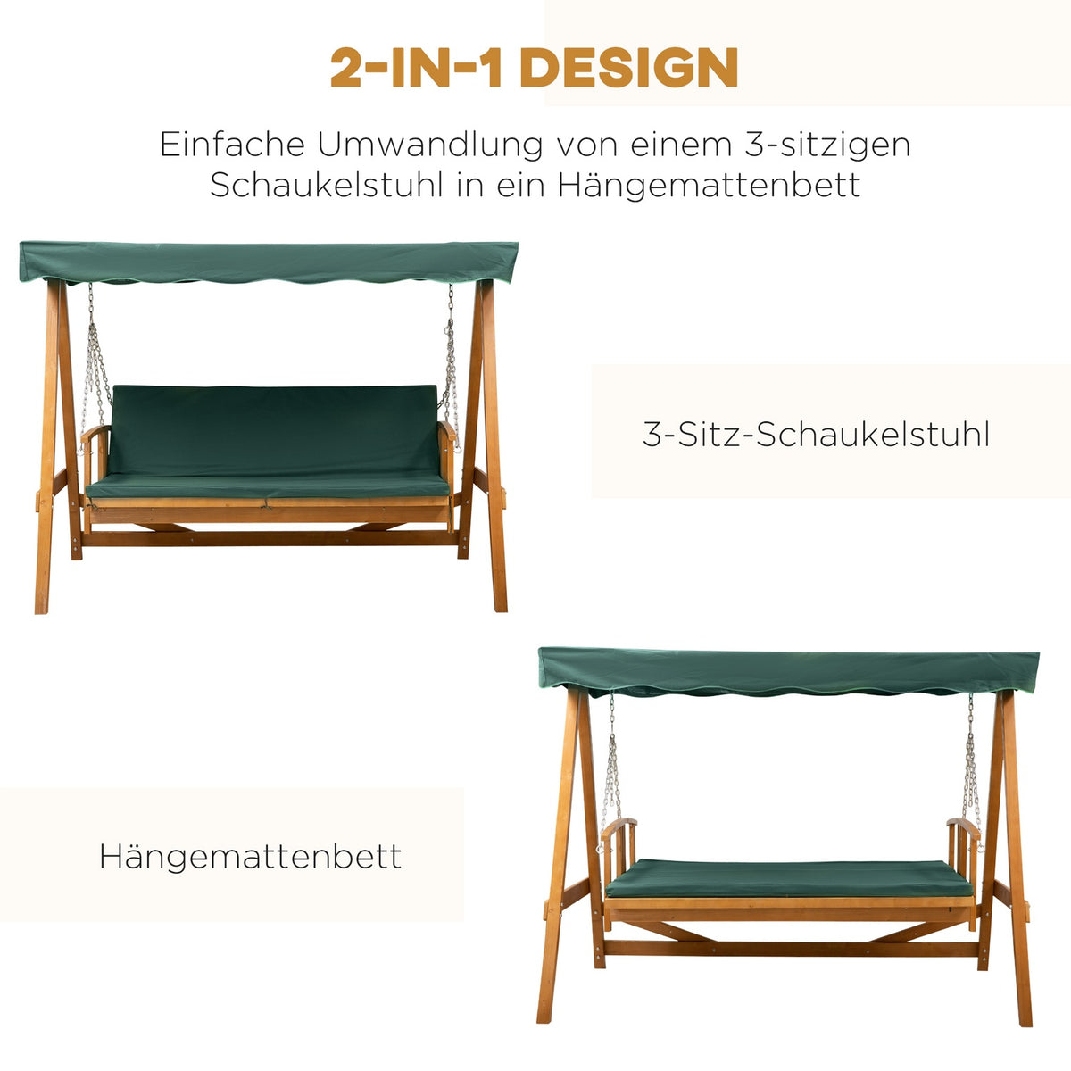 Hollywood Swing With Sun Canopy Real Wood Garden Swing Swing Bench Swing With Reclining Function Made Of Fir Wood For 3 People Green