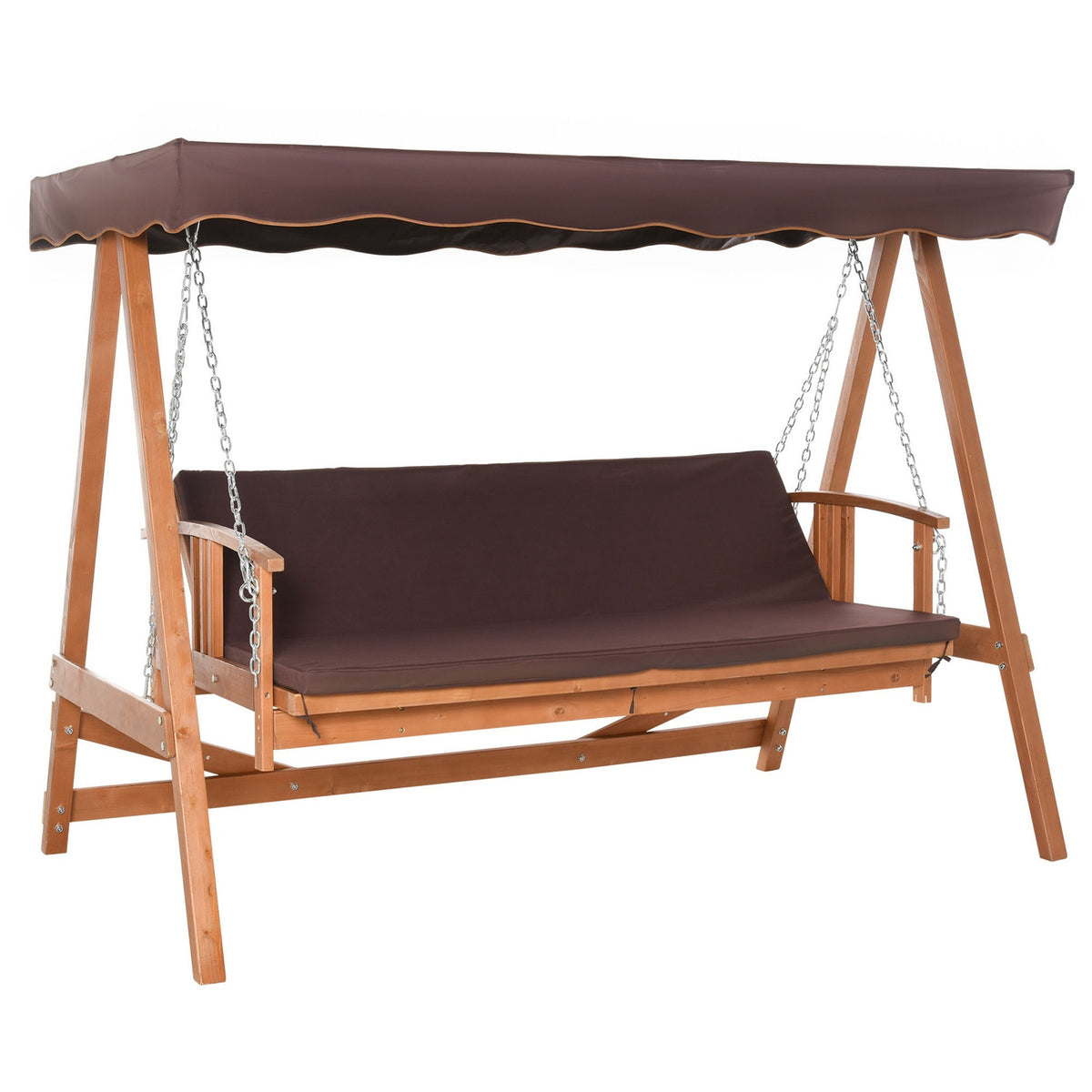Hollywood Swing With Sun Roof, Real Wood Garden Swing, Swing Bench, Swing With Reclining Function Made Of Fir Wood For 3 People, Brown