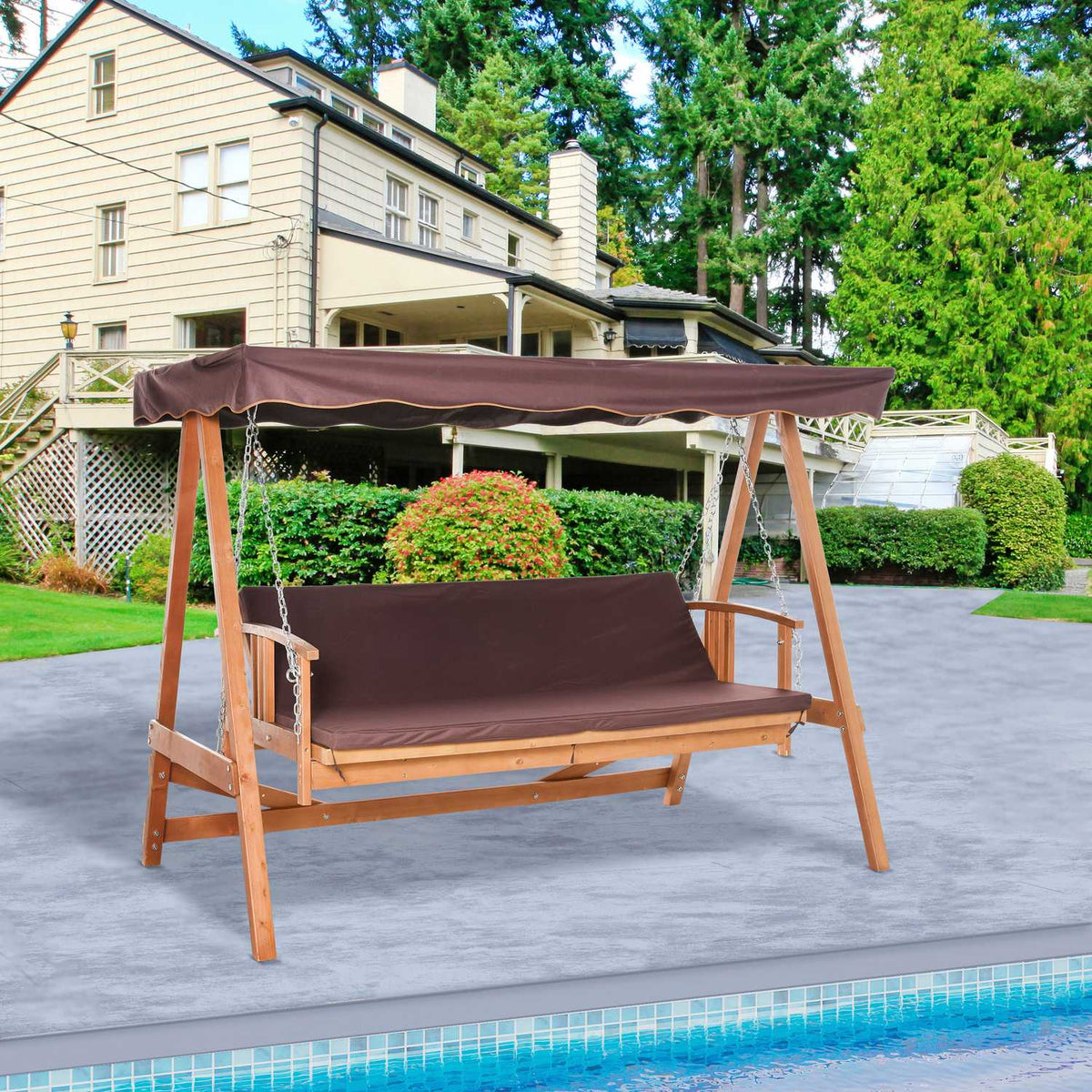 Hollywood Swing With Sun Roof, Real Wood Garden Swing, Swing Bench, Swing With Reclining Function Made Of Fir Wood For 3 People, Brown
