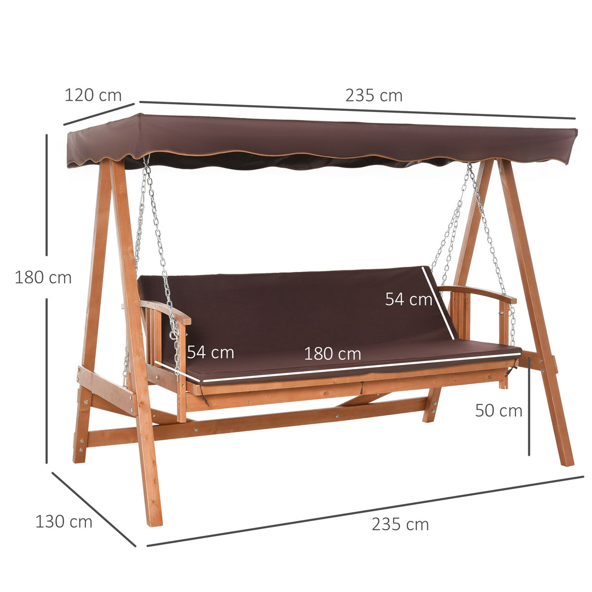 Hollywood Swing With Sun Roof, Real Wood Garden Swing, Swing Bench, Swing With Reclining Function Made Of Fir Wood For 3 People, Brown