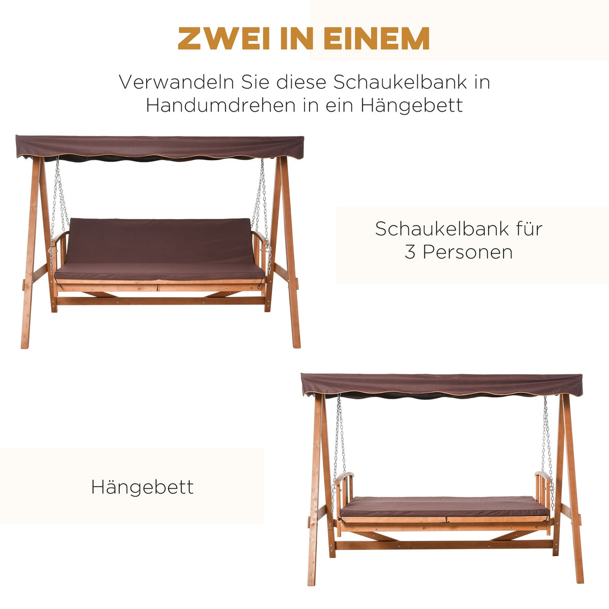 Hollywood Swing With Sun Roof, Real Wood Garden Swing, Swing Bench, Swing With Reclining Function Made Of Fir Wood For 3 People, Brown