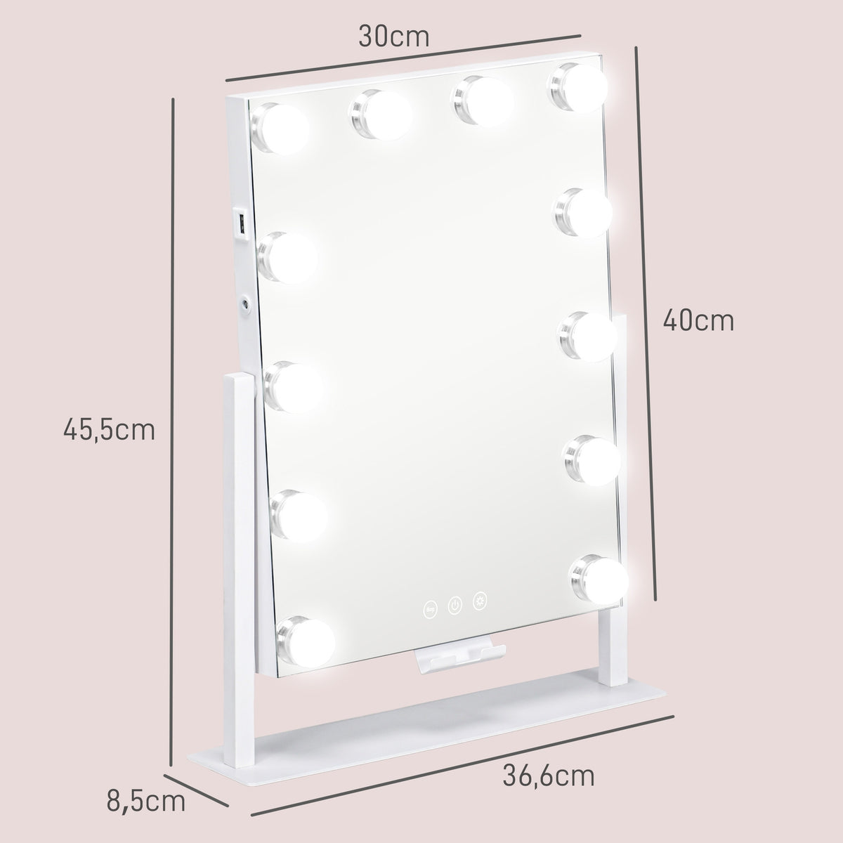 Hollywood mirror with lighting, 12 LED, 37 x 46 cm, 3 light colors, 10X magnification, 360° rotatable, USB charging port, white