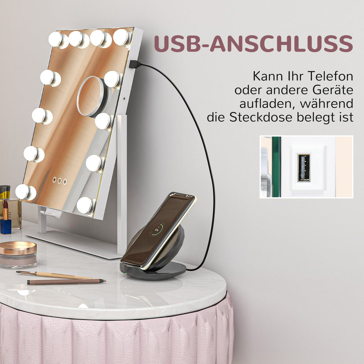Hollywood mirror with lighting, 12 LED, 37 x 46 cm, 3 light colors, 10X magnification, 360° rotatable, USB charging port, white