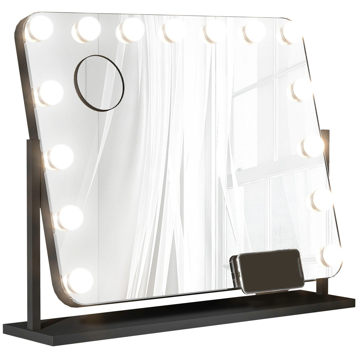 Hollywood mirror with lighting, 15 LED, 62.5x49.5cm, 3 modes, 10X magnification, 360° rotatable, mobile phone holder, portable, black
