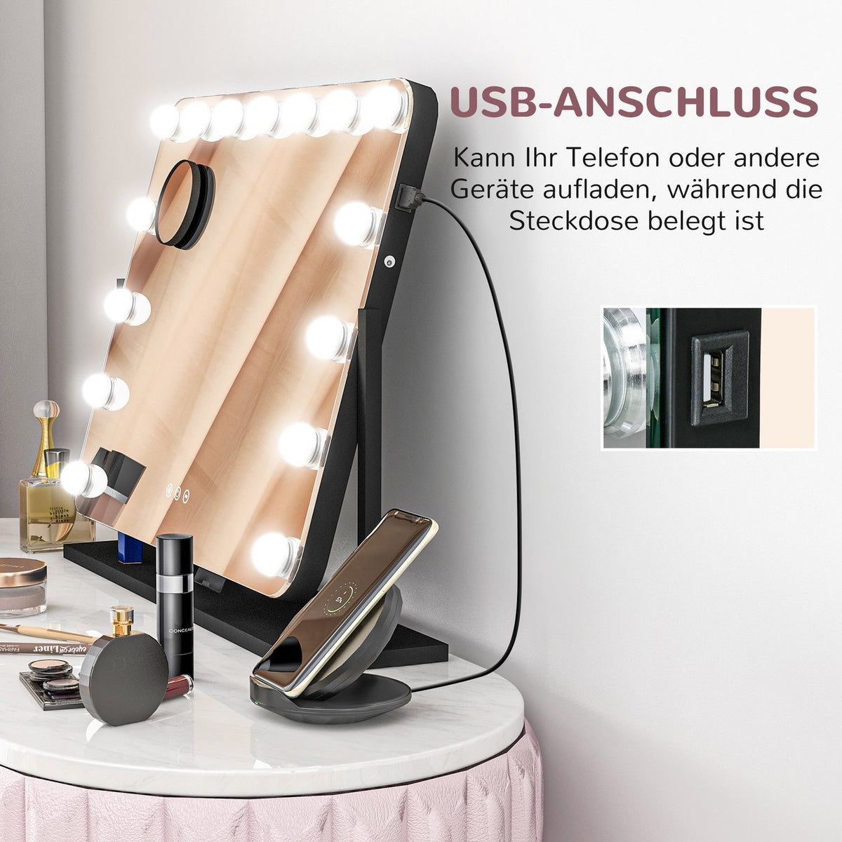 Hollywood mirror with lighting, 15 LED, 62.5x49.5cm, 3 modes, 10X magnification, 360° rotatable, mobile phone holder, portable, black