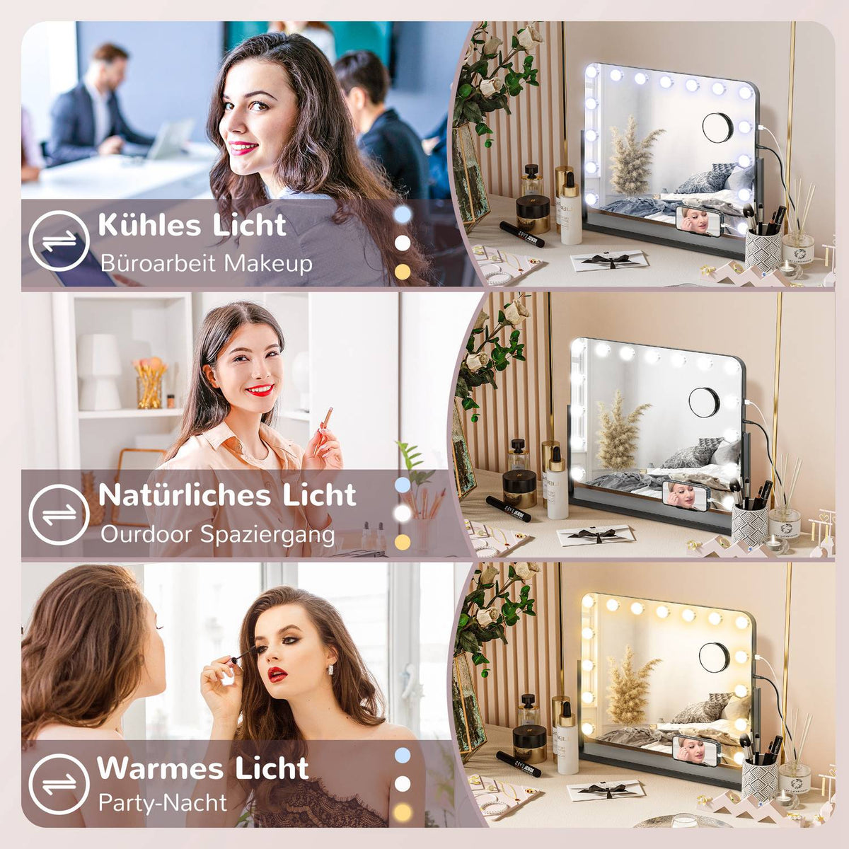 Hollywood mirror with lighting, 15 LED, 62.5x49.5cm, 3 modes, 10X magnification, 360° rotatable, mobile phone holder, portable, black
