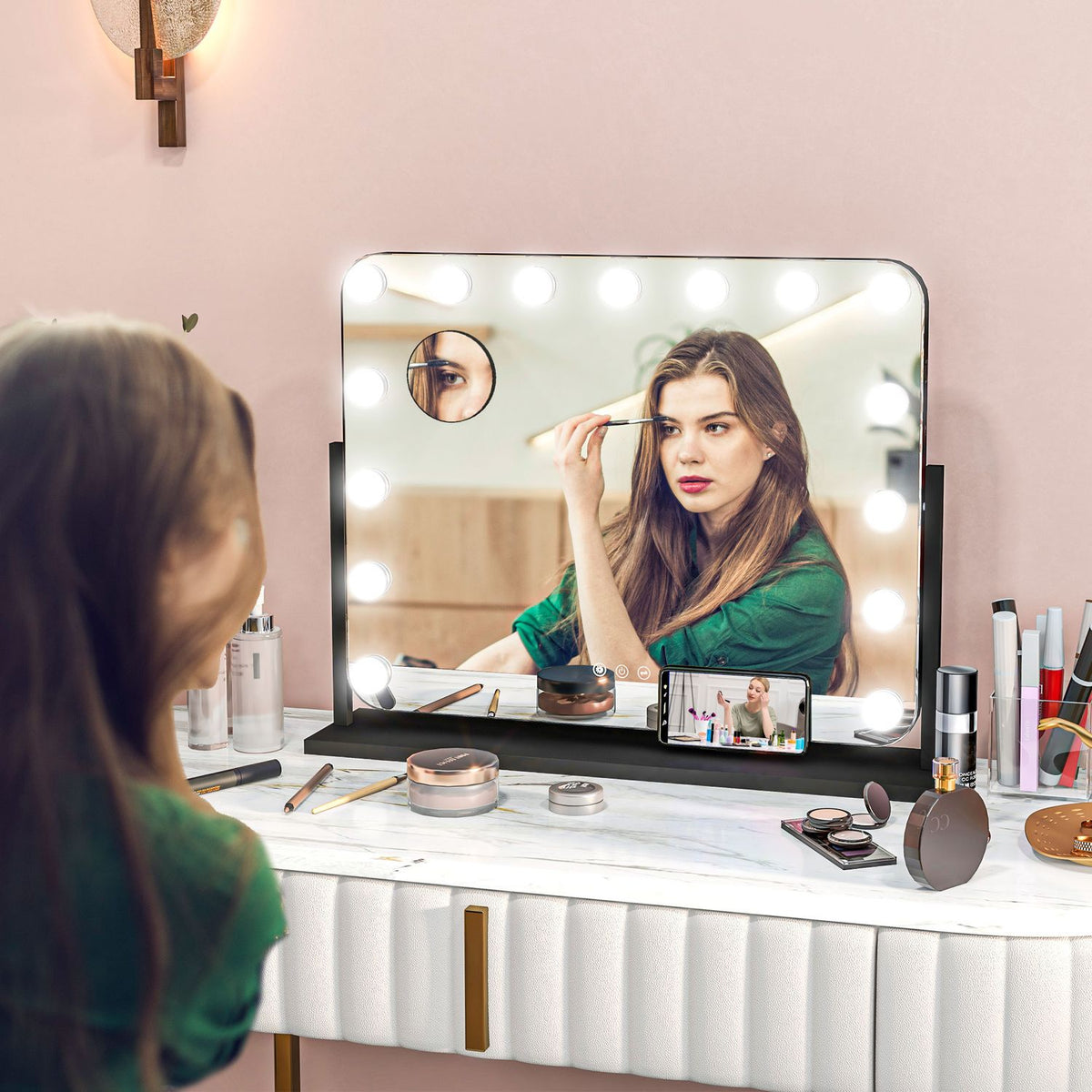 Hollywood mirror with lighting, 15 LED, 62.5x49.5cm, 3 modes, 10X magnification, 360° rotatable, mobile phone holder, portable, black