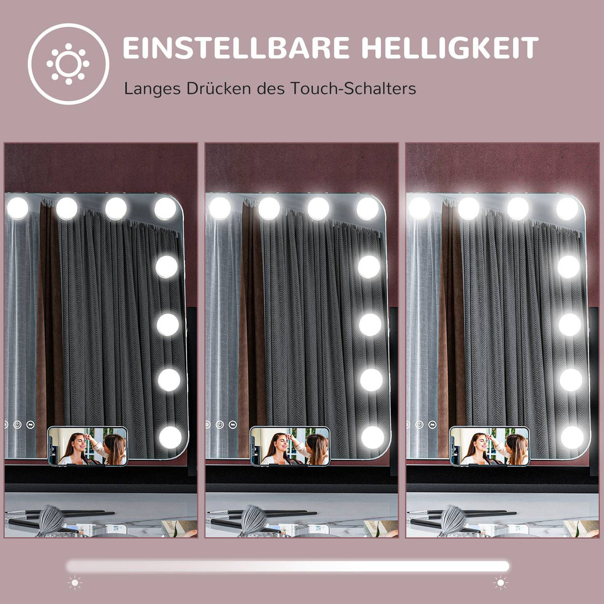Hollywood mirror with lighting, 15 LED, 62.5x49.5cm, 3 modes, 10X magnification, 360° rotatable, mobile phone holder, portable, black