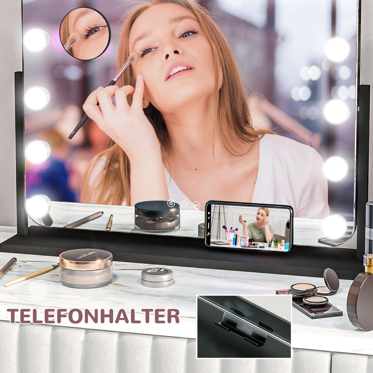 Hollywood mirror with lighting, 15 LED, 62.5x49.5cm, 3 modes, 10X magnification, 360° rotatable, mobile phone holder, portable, black