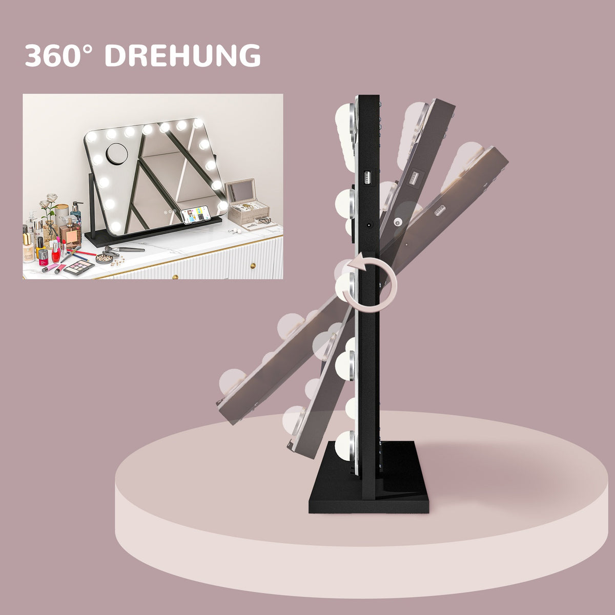 Hollywood mirror with lighting, 15 LED, 62.5x49.5cm, 3 modes, 10X magnification, 360° rotatable, mobile phone holder, portable, black