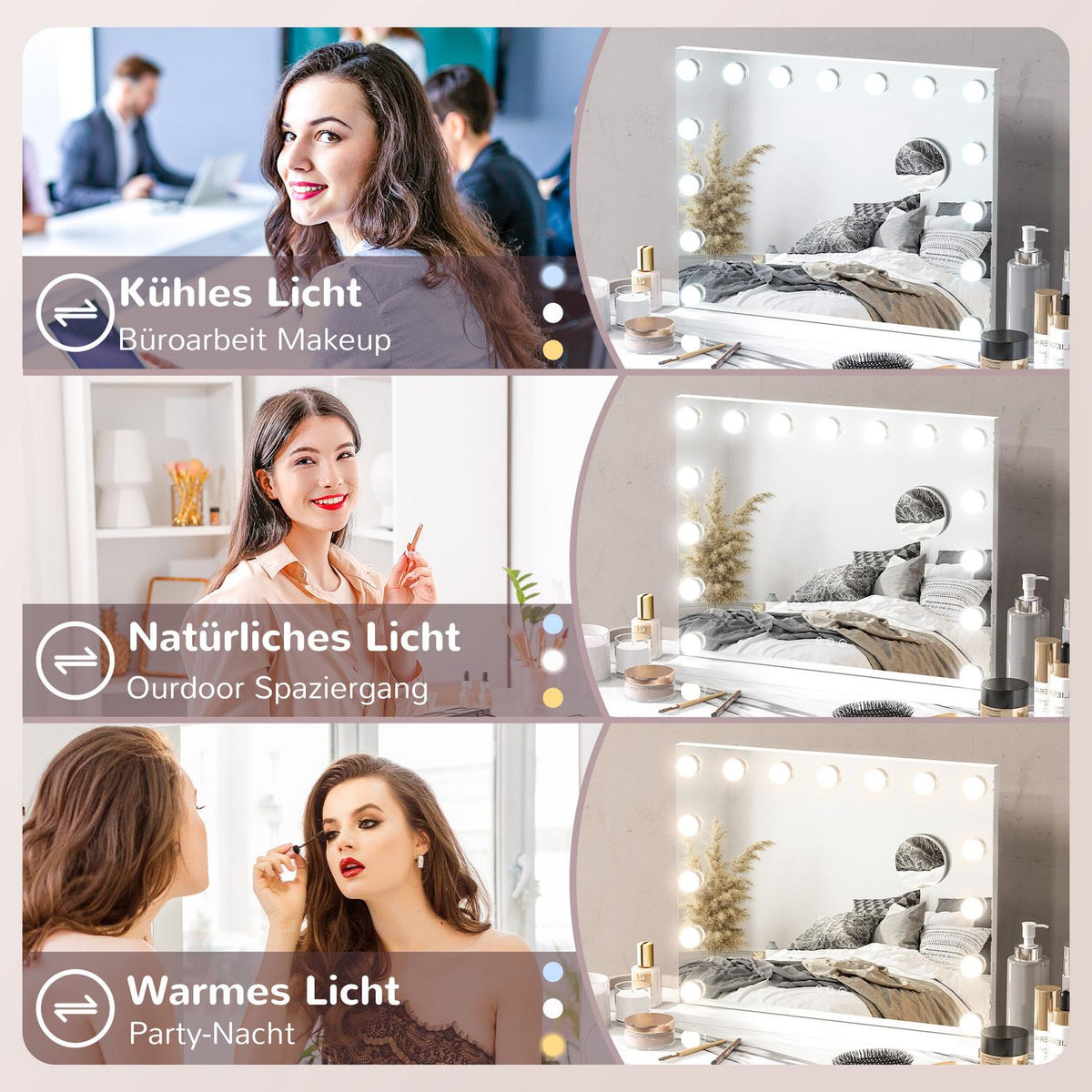 Hollywood mirror with lighting 58x48cm 15 LED 3 light modes 10X magnification portable touch switch USB charging port white |.de