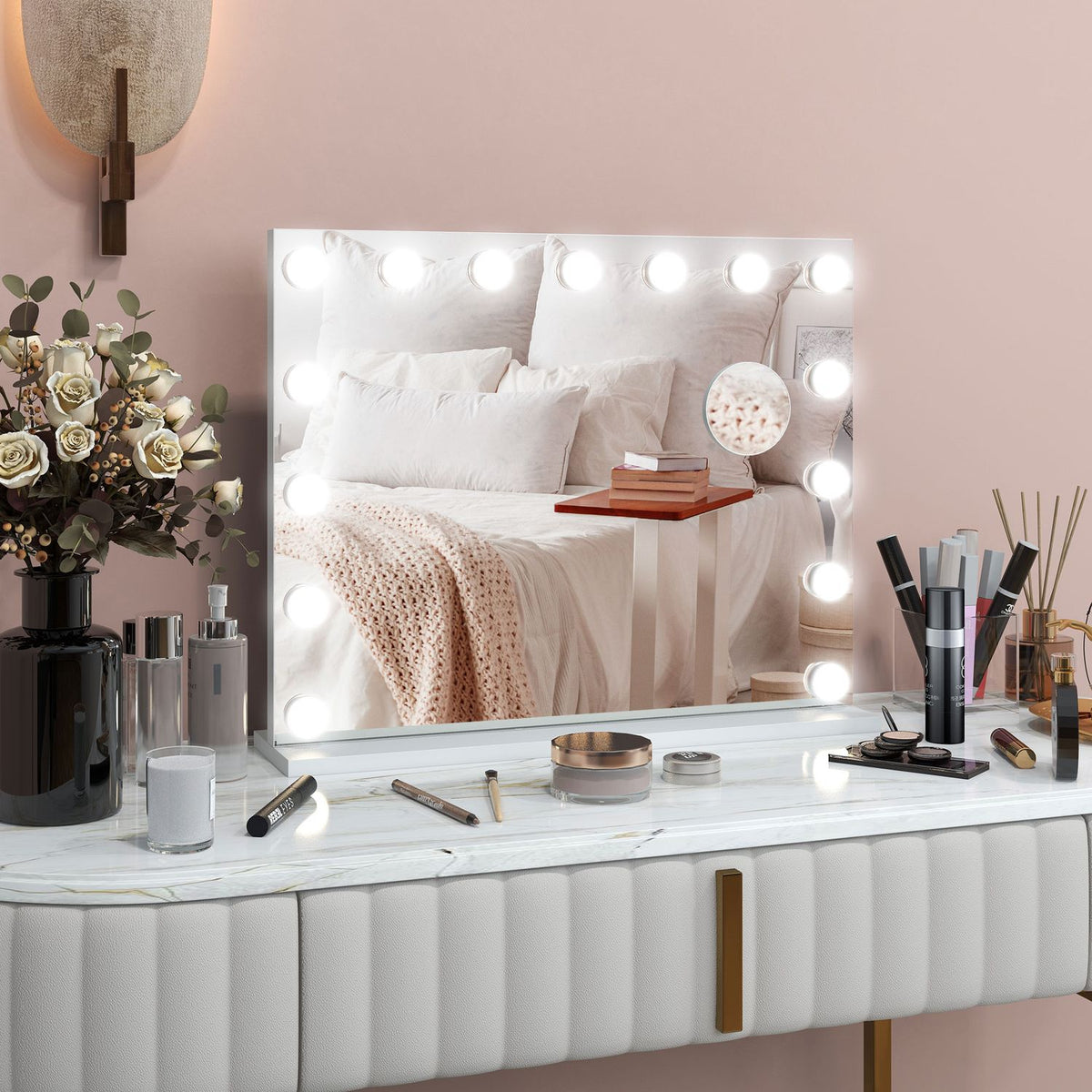 Hollywood mirror with lighting 58x48cm 15 LED 3 light modes 10X magnification portable touch switch USB charging port white |.de