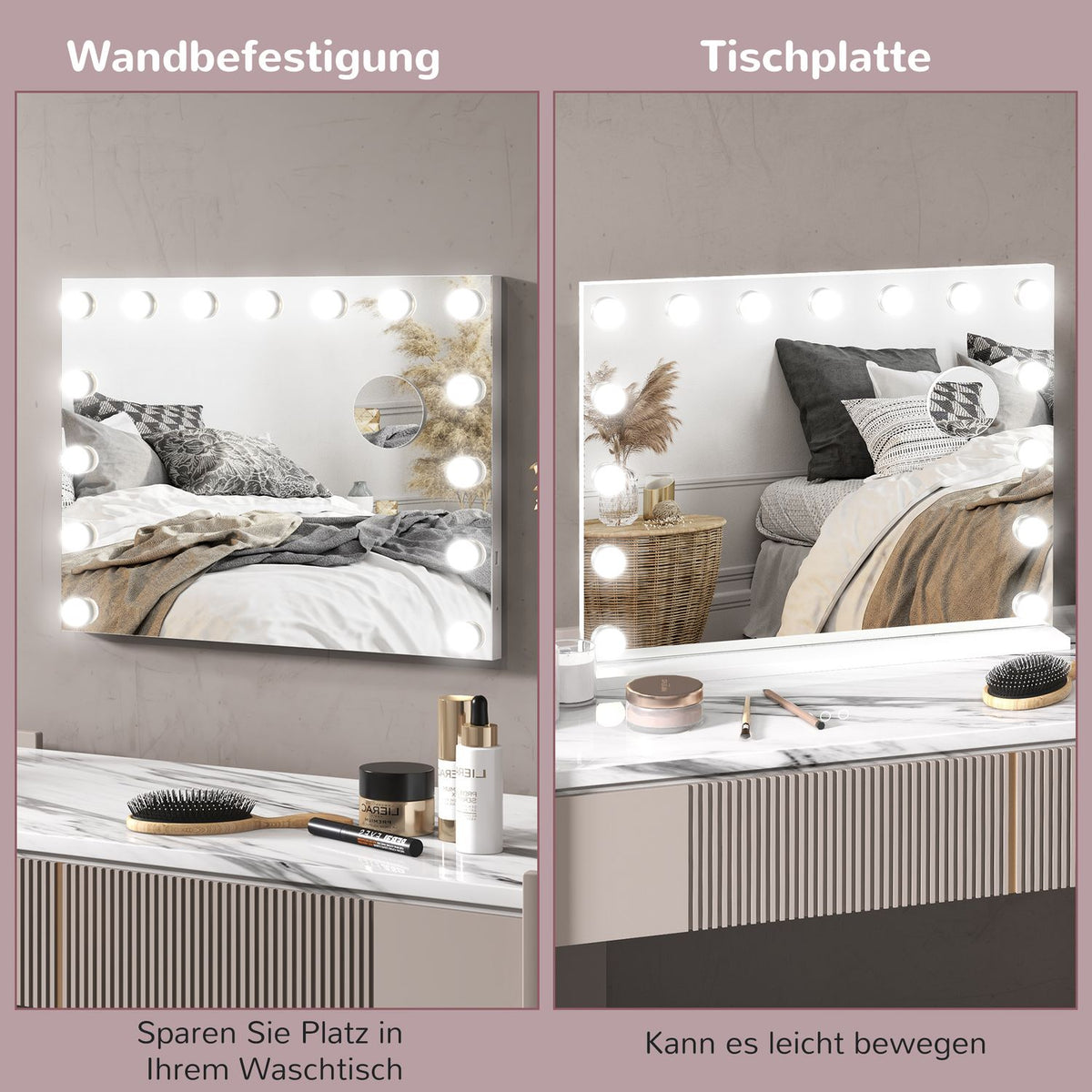 Hollywood mirror with lighting 58x48cm 15 LED 3 light modes 10X magnification portable touch switch USB charging port white |.de