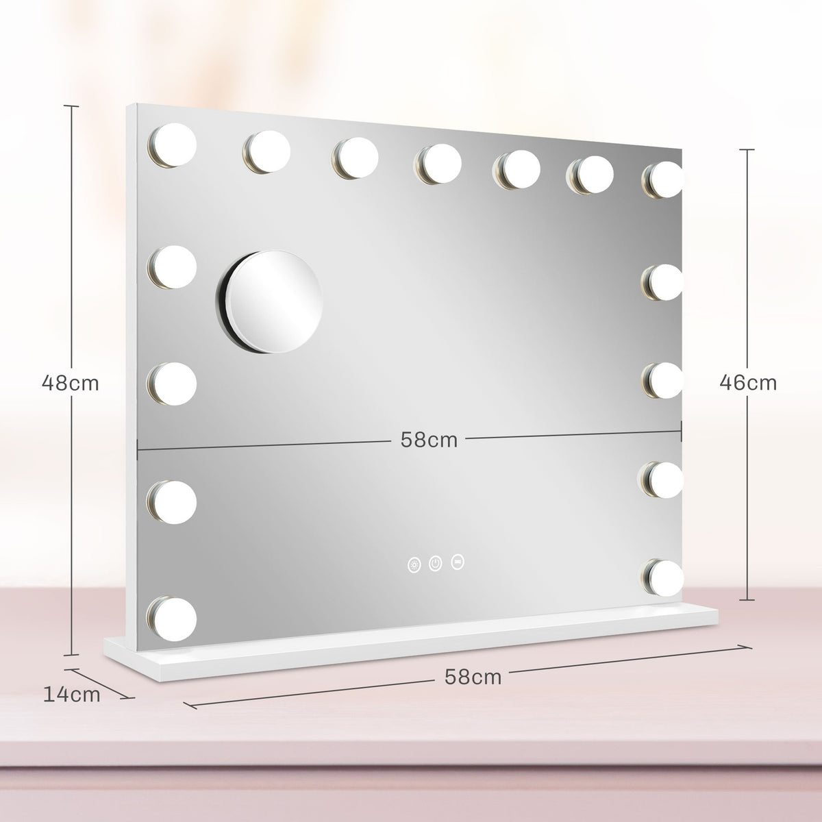 Hollywood mirror with lighting 58x48cm 15 LED 3 light modes 10X magnification portable touch switch USB charging port white |.de