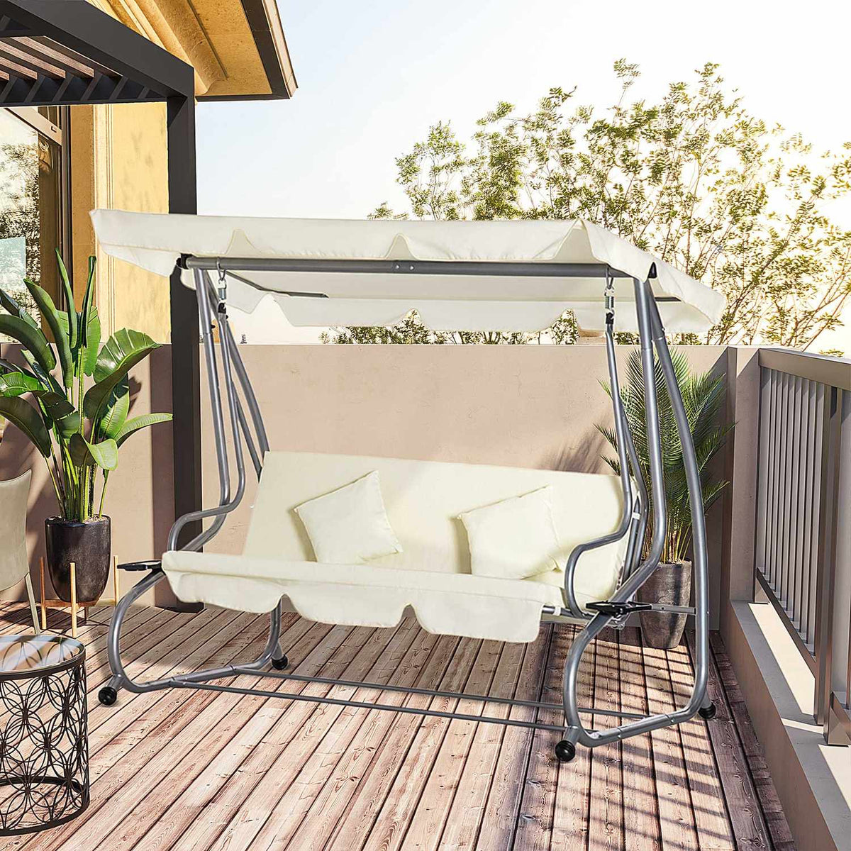 Hollywood rocking chair 3-seater, 200 x 120 x 164 cm, with adjustable, removable waterproof foredeck, seat and backrests, beige