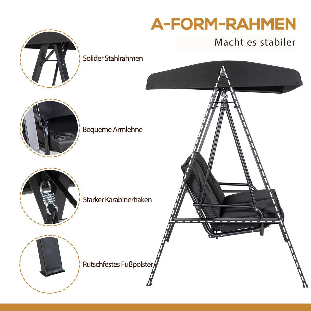 Hollywood swing, 2-seater garden swing with adjustable roof, cushion, swing bench, load capacity up to 220 kg, for garden, balcony, black, 145 x 116 x 172 cm